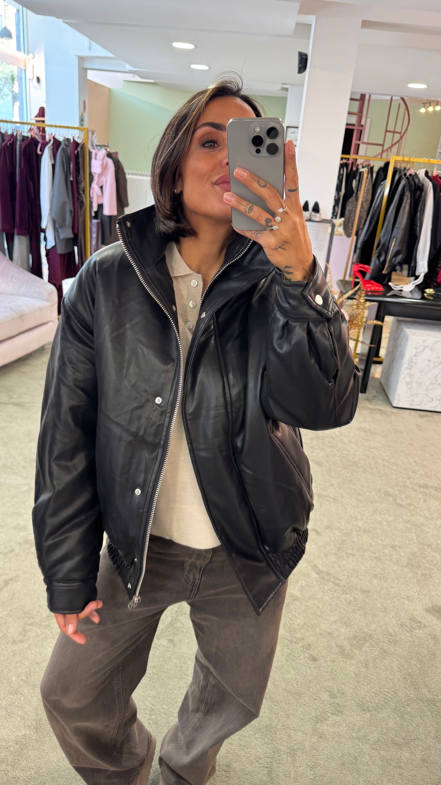 Bomber aviator nero imbottito in ecopelle gl