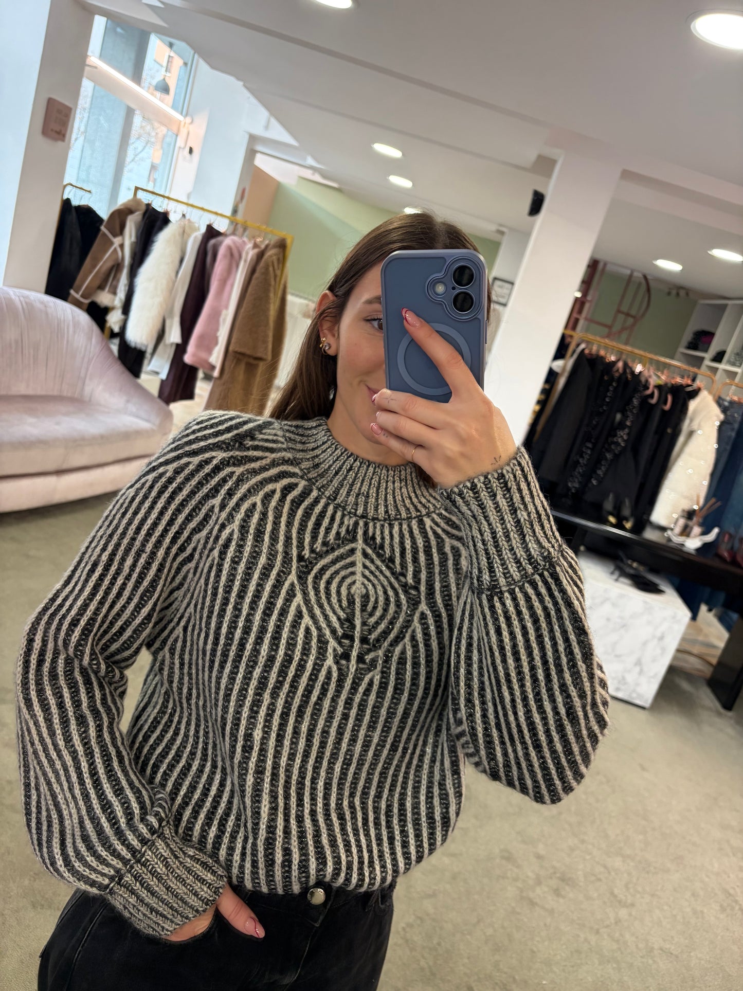 Maglione bicolor bianco e antracite con lurex bj