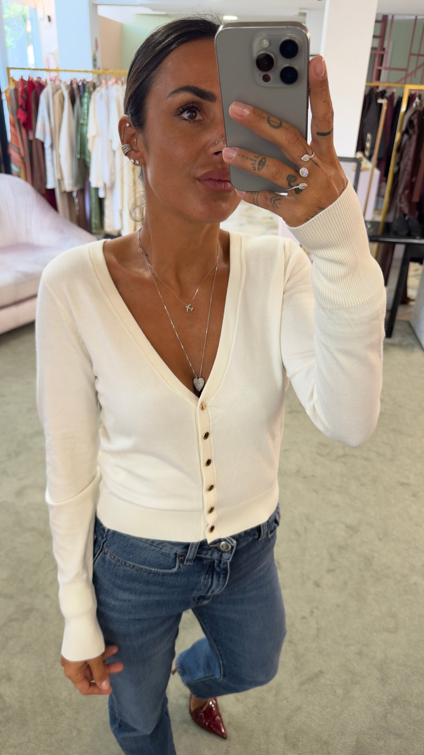 Cardigan crop panna con bottoncini oro fr