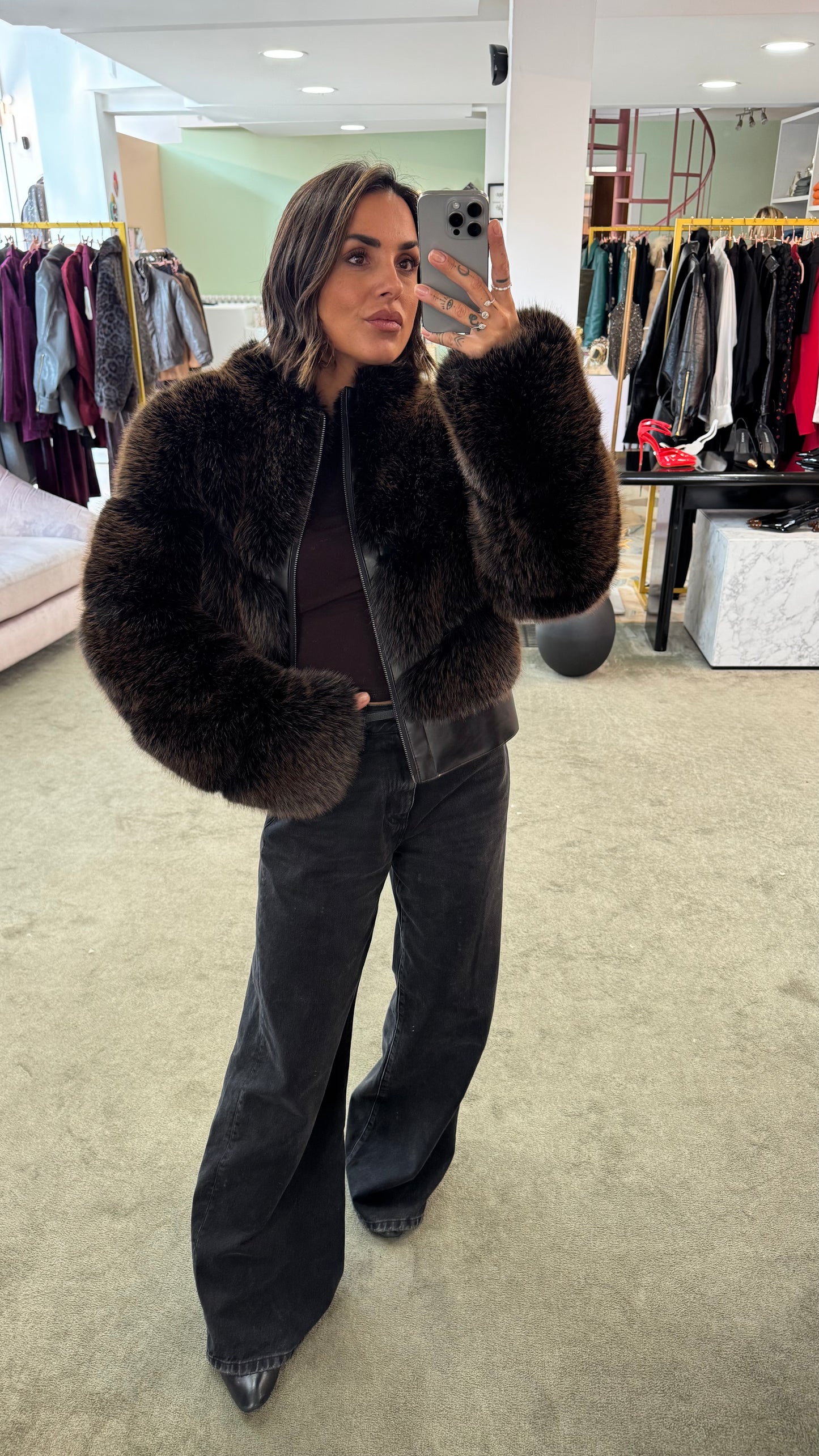 Bomber in eco pelliccia marrone luxury effetto fox un