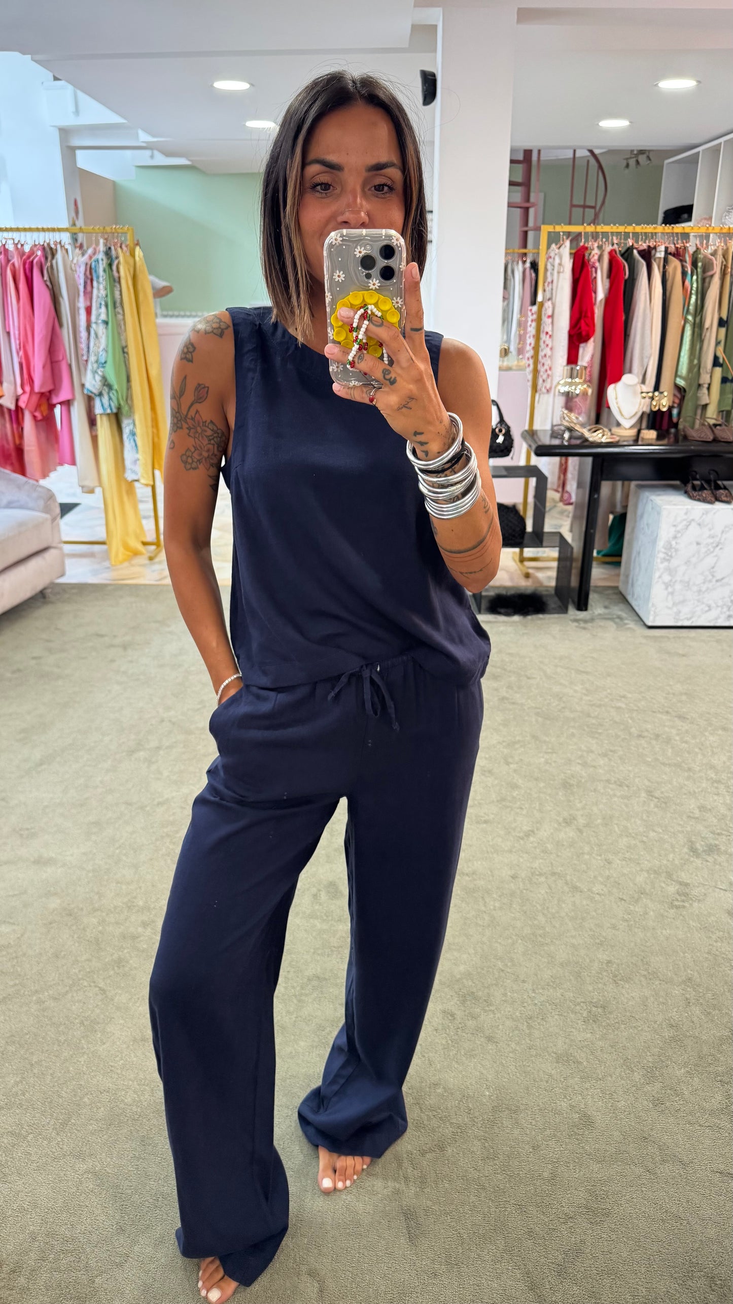 Pantaloni blu notte in lino con coulisse jx