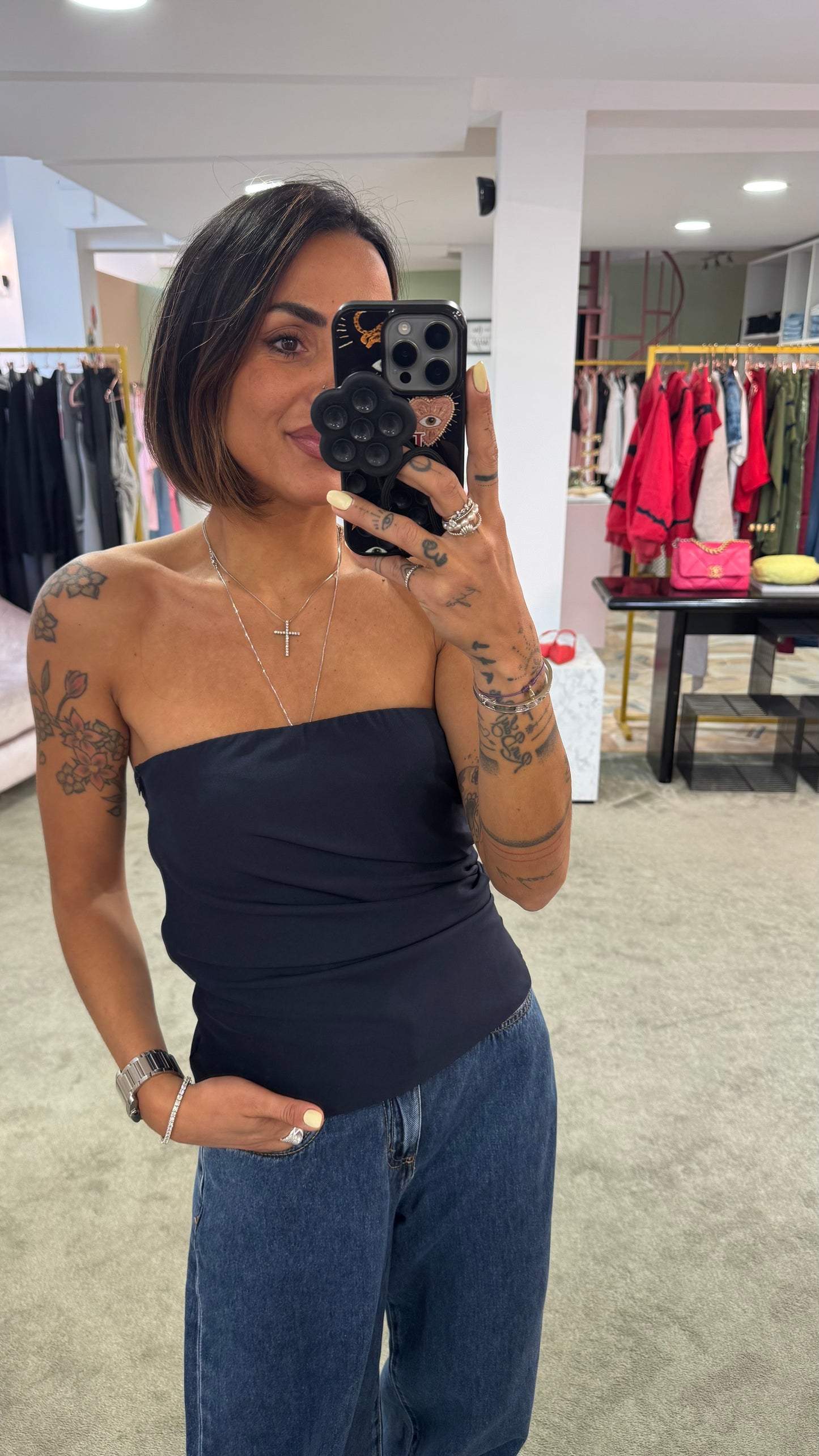 Top fascia blu notte con arricciatura tessuto classico