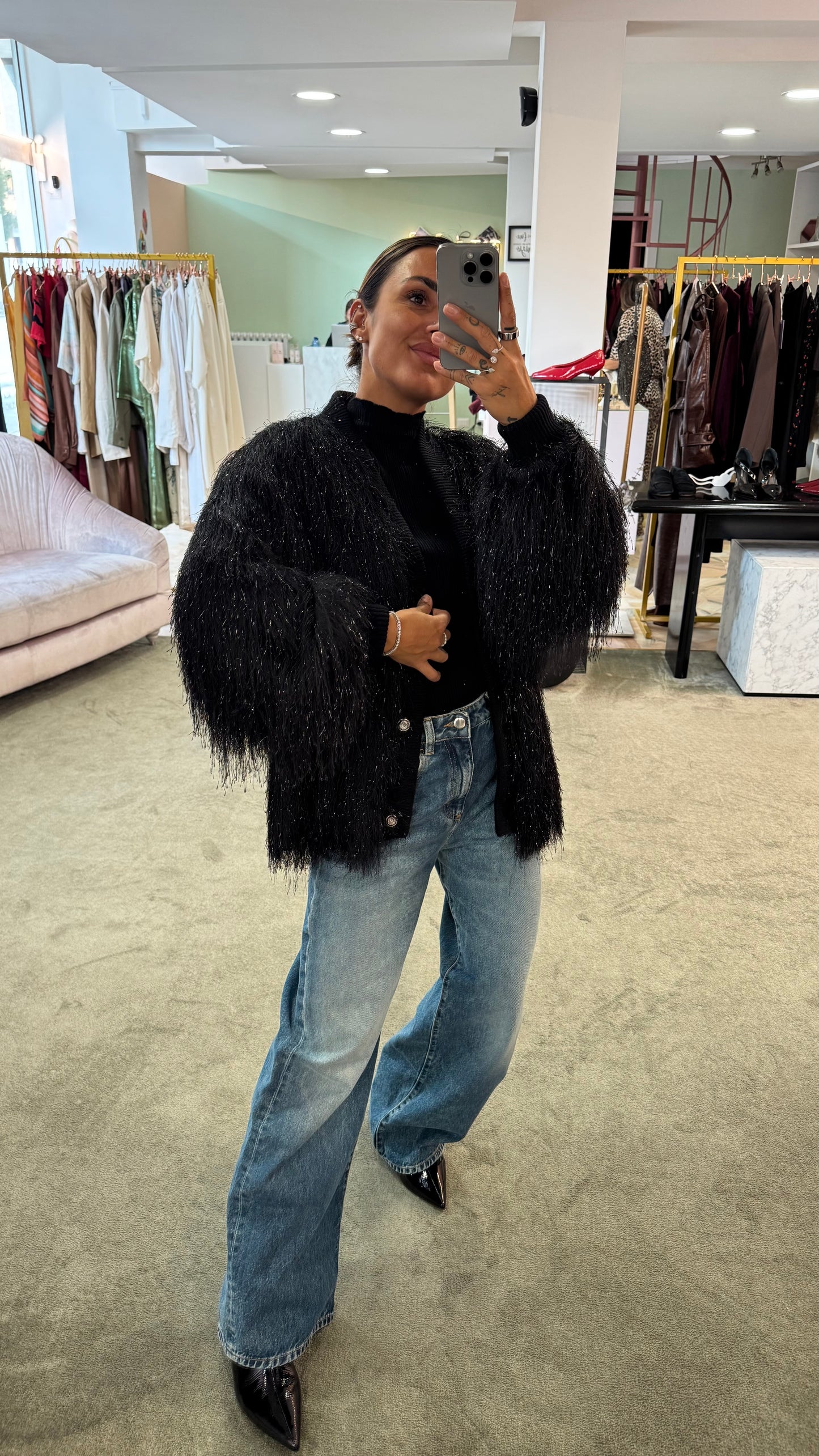 Cardigan bomber nero piume Actualee