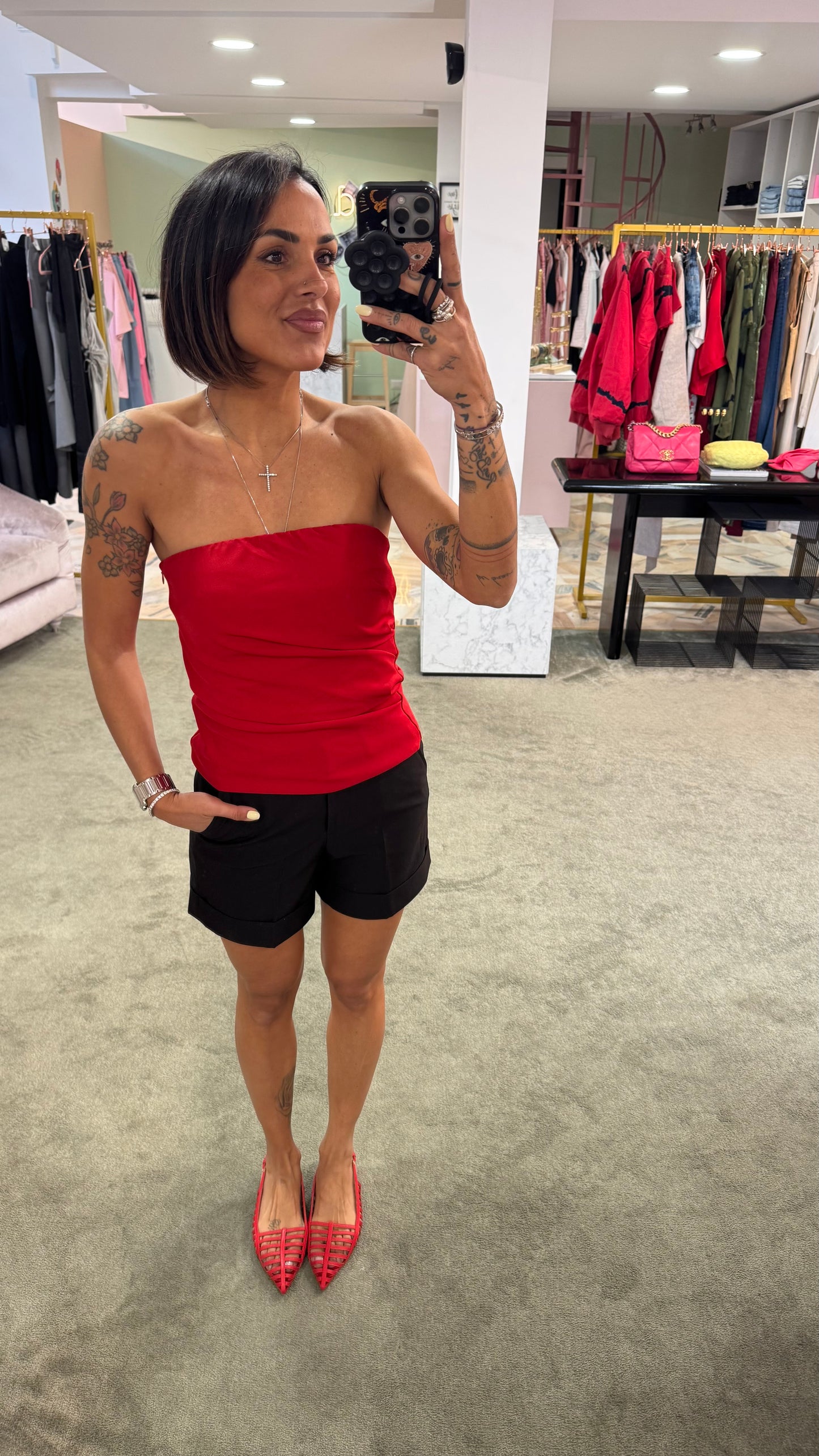 Top fascia rosso con arricciatura tessuto classico