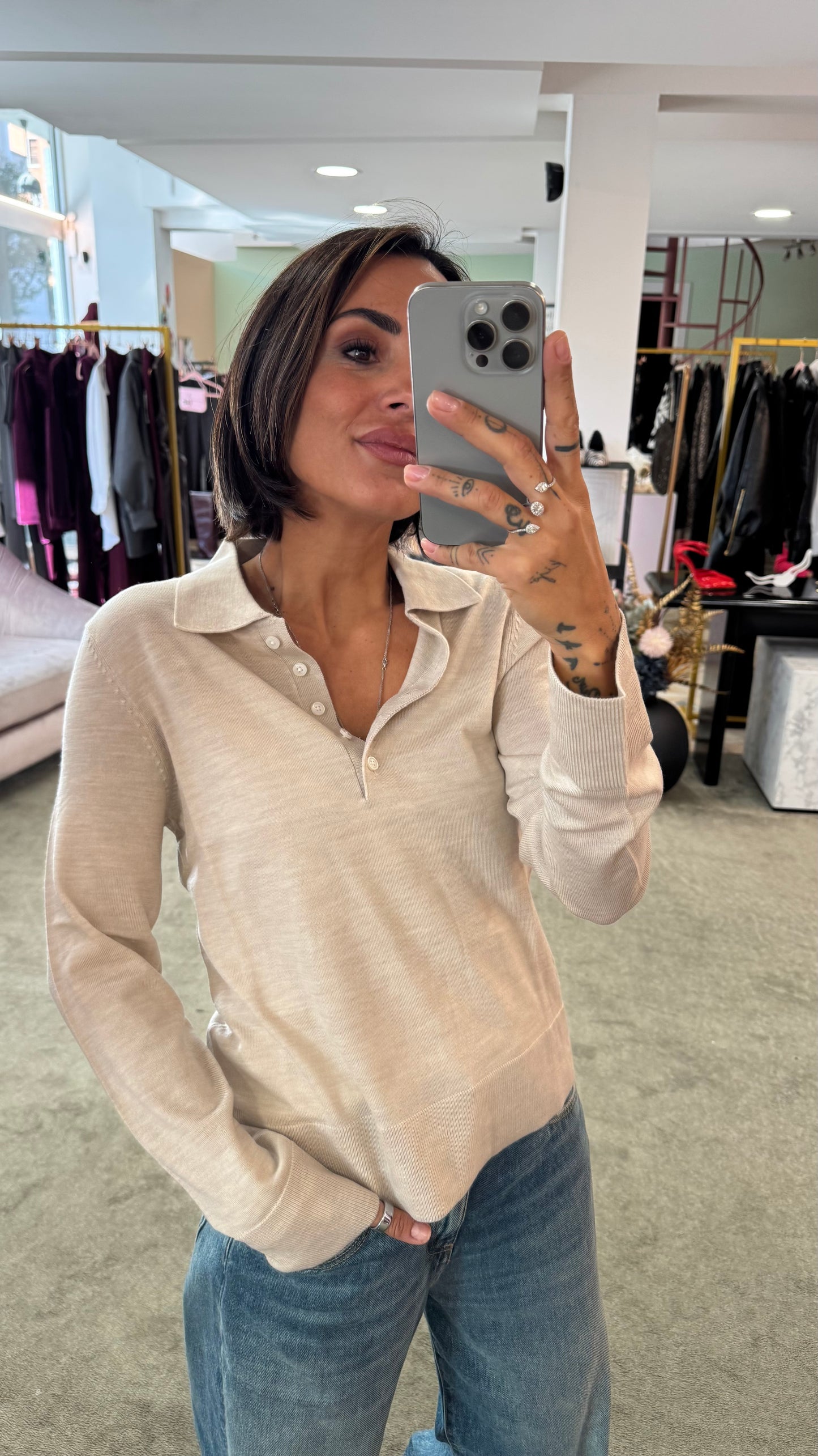 Polo beige maniche lunghe in lana sl