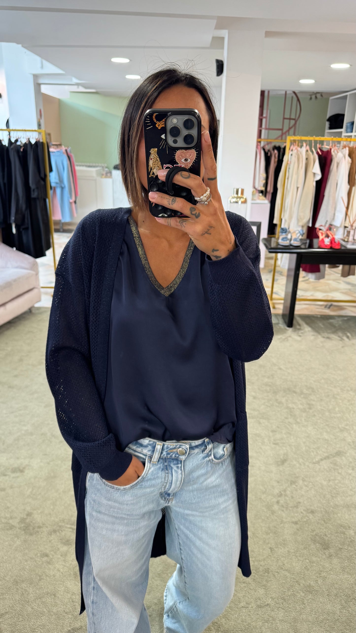 Cardigan lungo blu con tasche in lamè fr