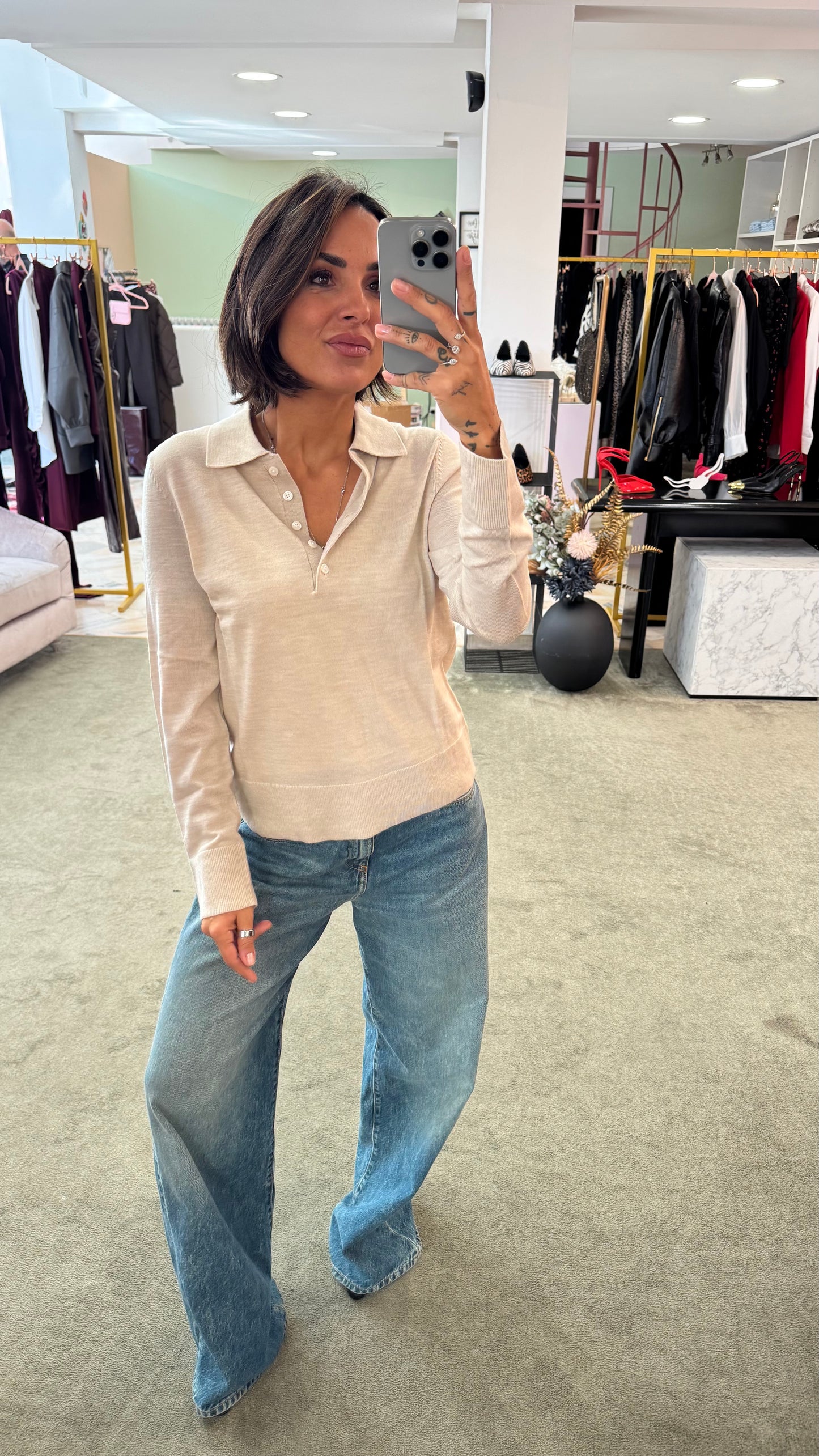 Polo beige maniche lunghe in lana sl