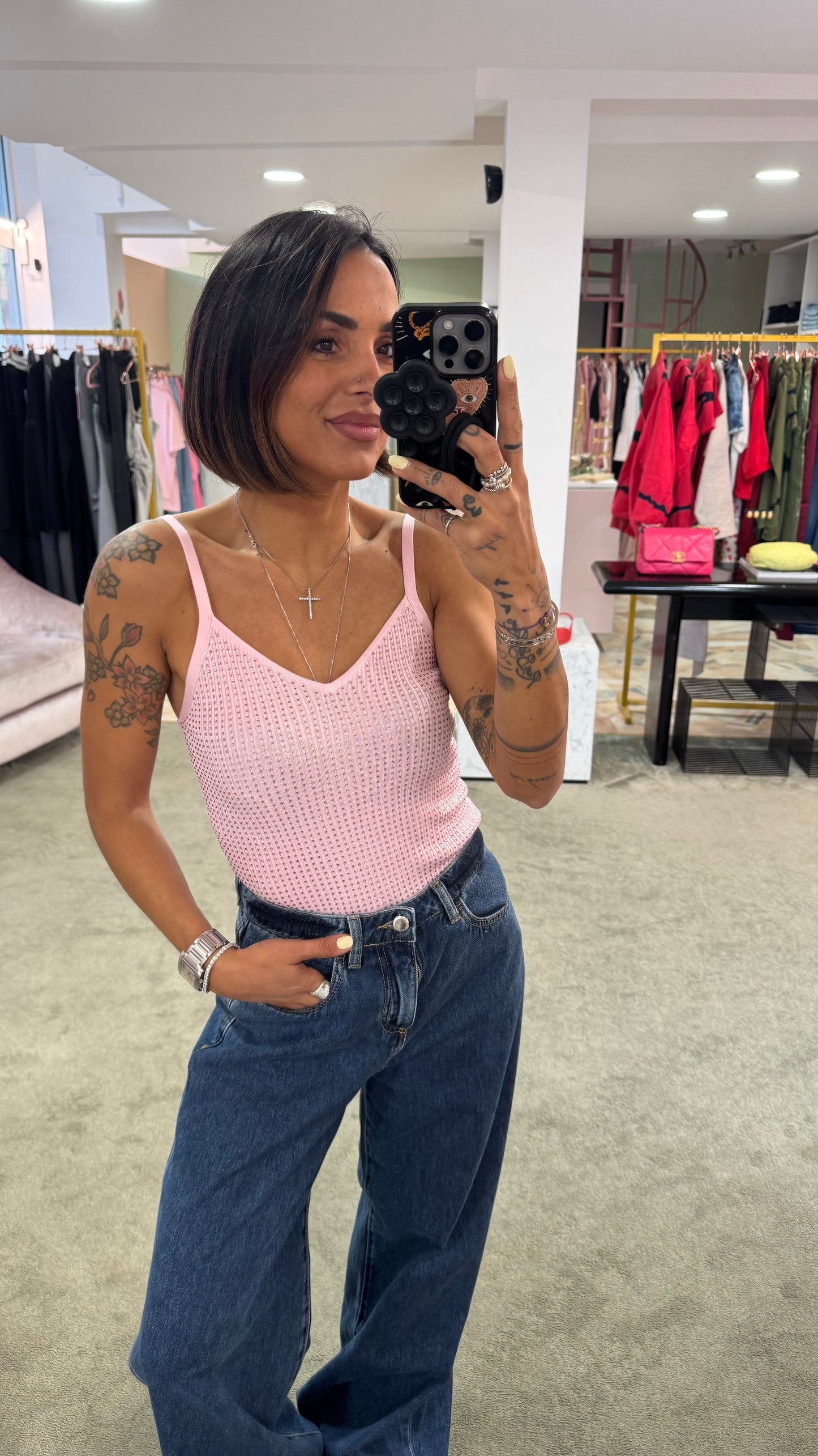 Canotta in maglia viscosa rosa spallina fine con cristalli fr