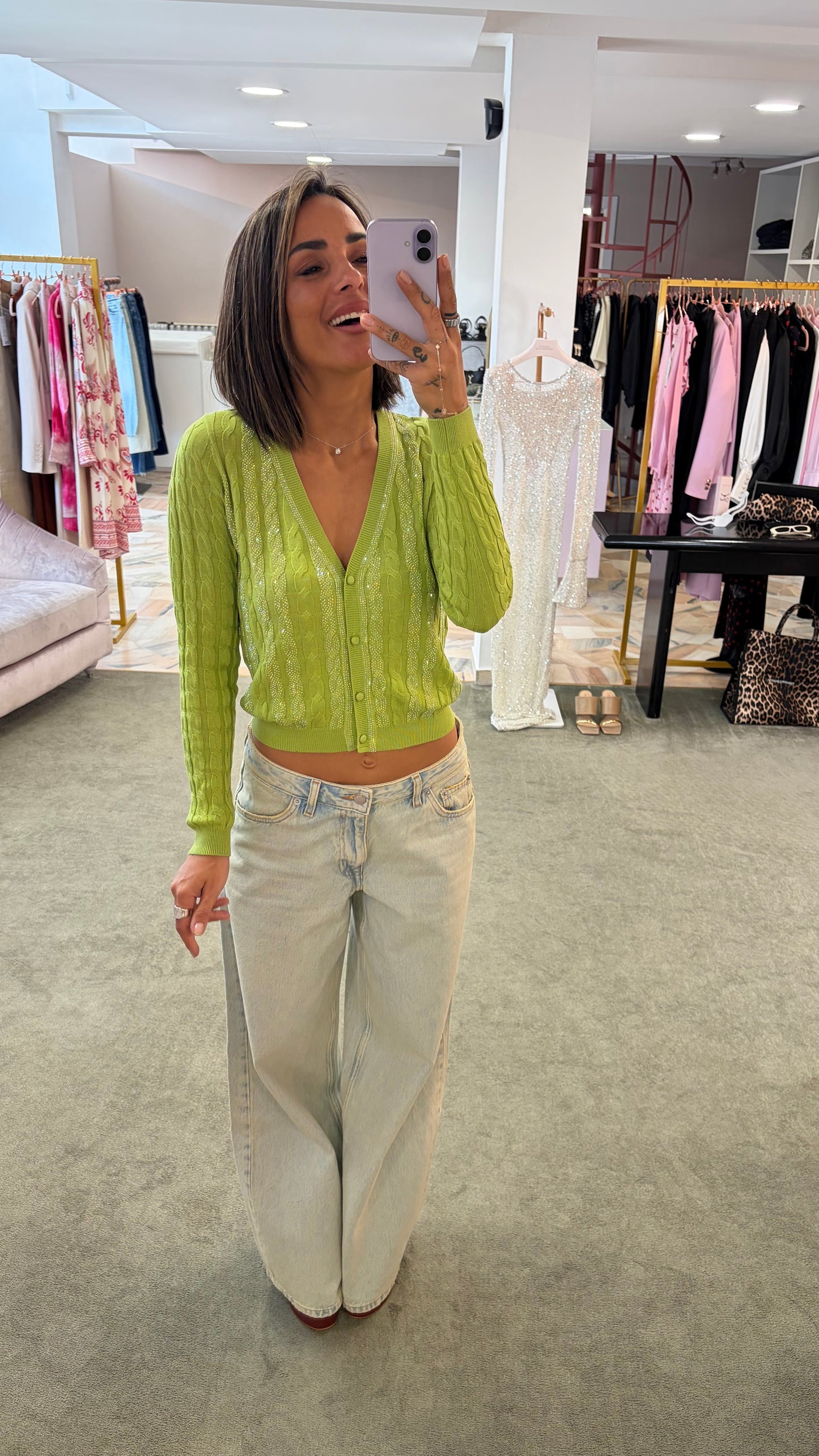 Cardigan verde lime a trecce crystal fr