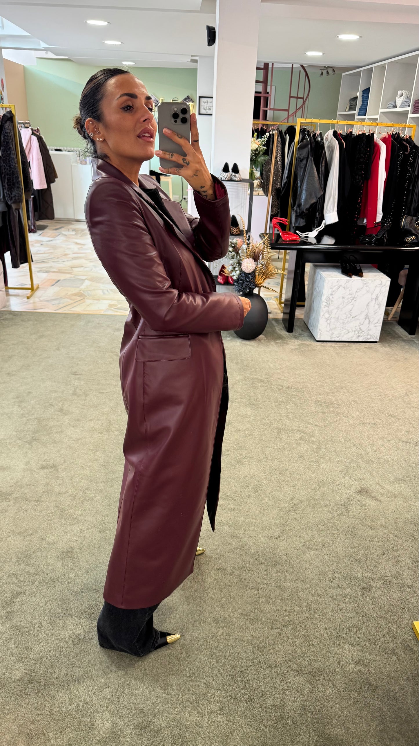 Cappotto lungo ecopelle bordeaux ks