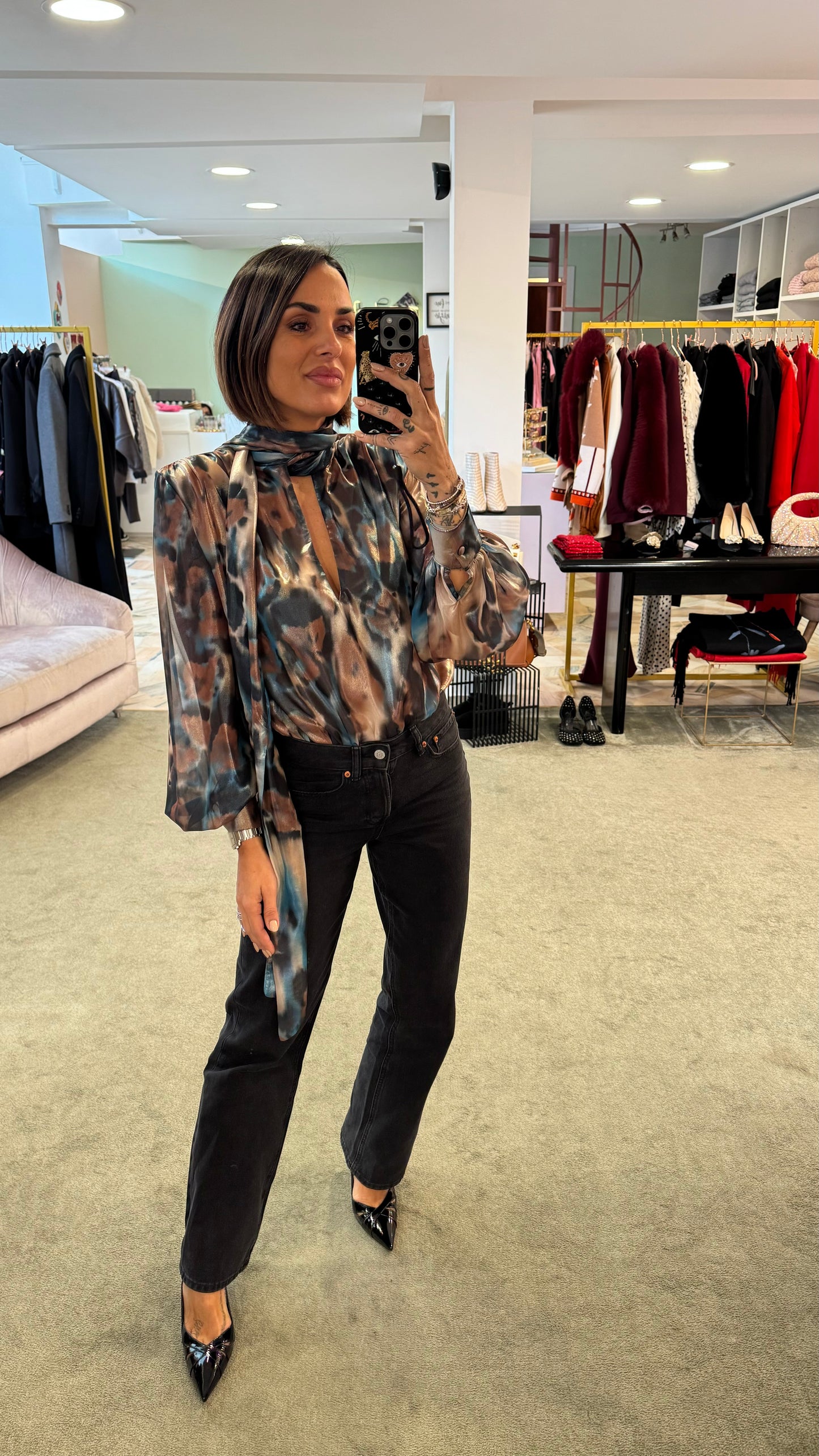 Camicia body con sciarpina fantasia ottanio
