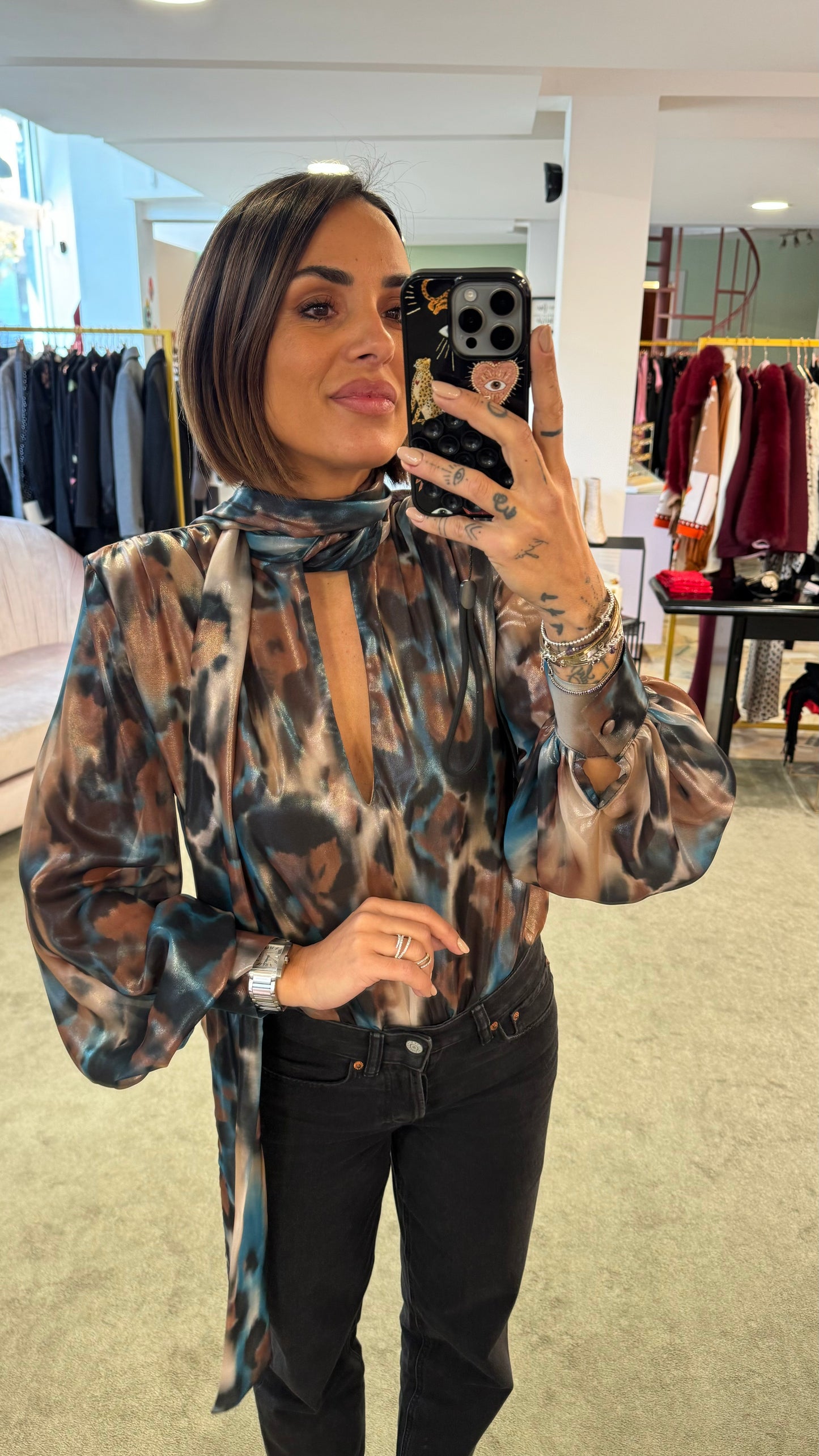 Camicia body con sciarpina fantasia ottanio