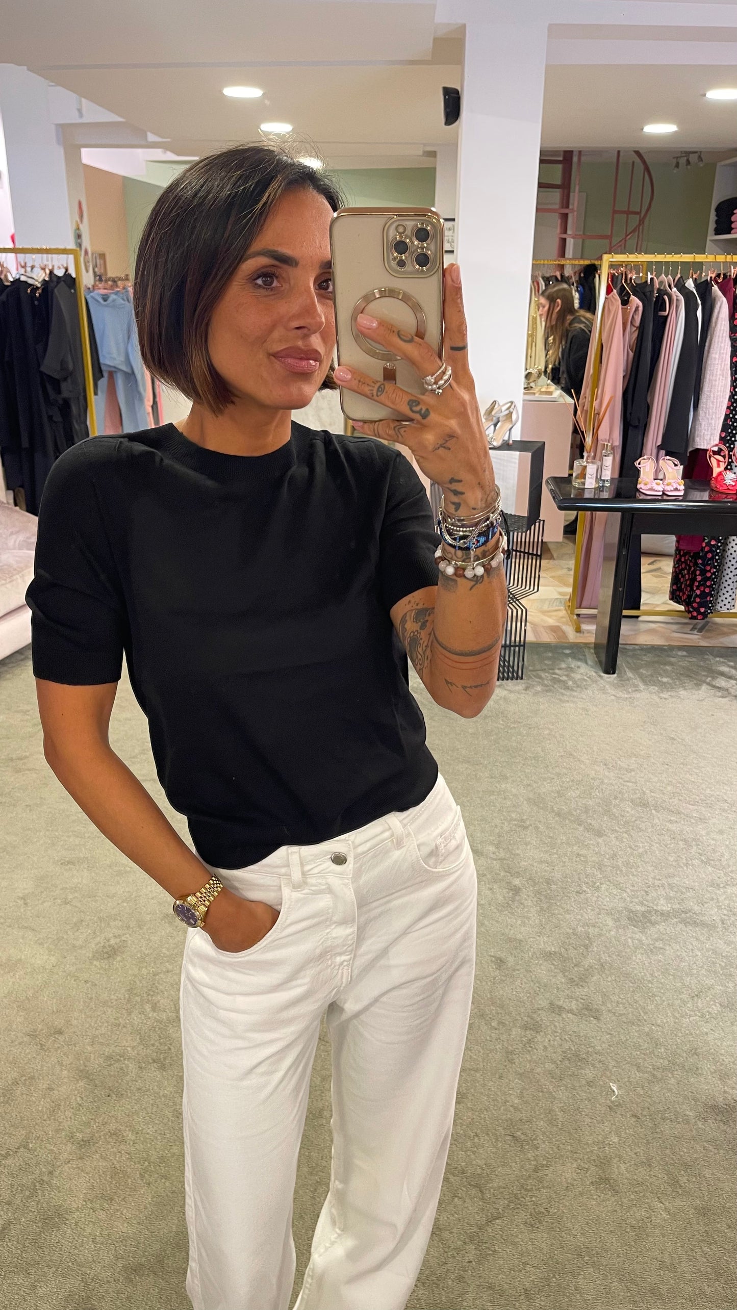 T-shirt dafne nera mezza manica in lana merino pt