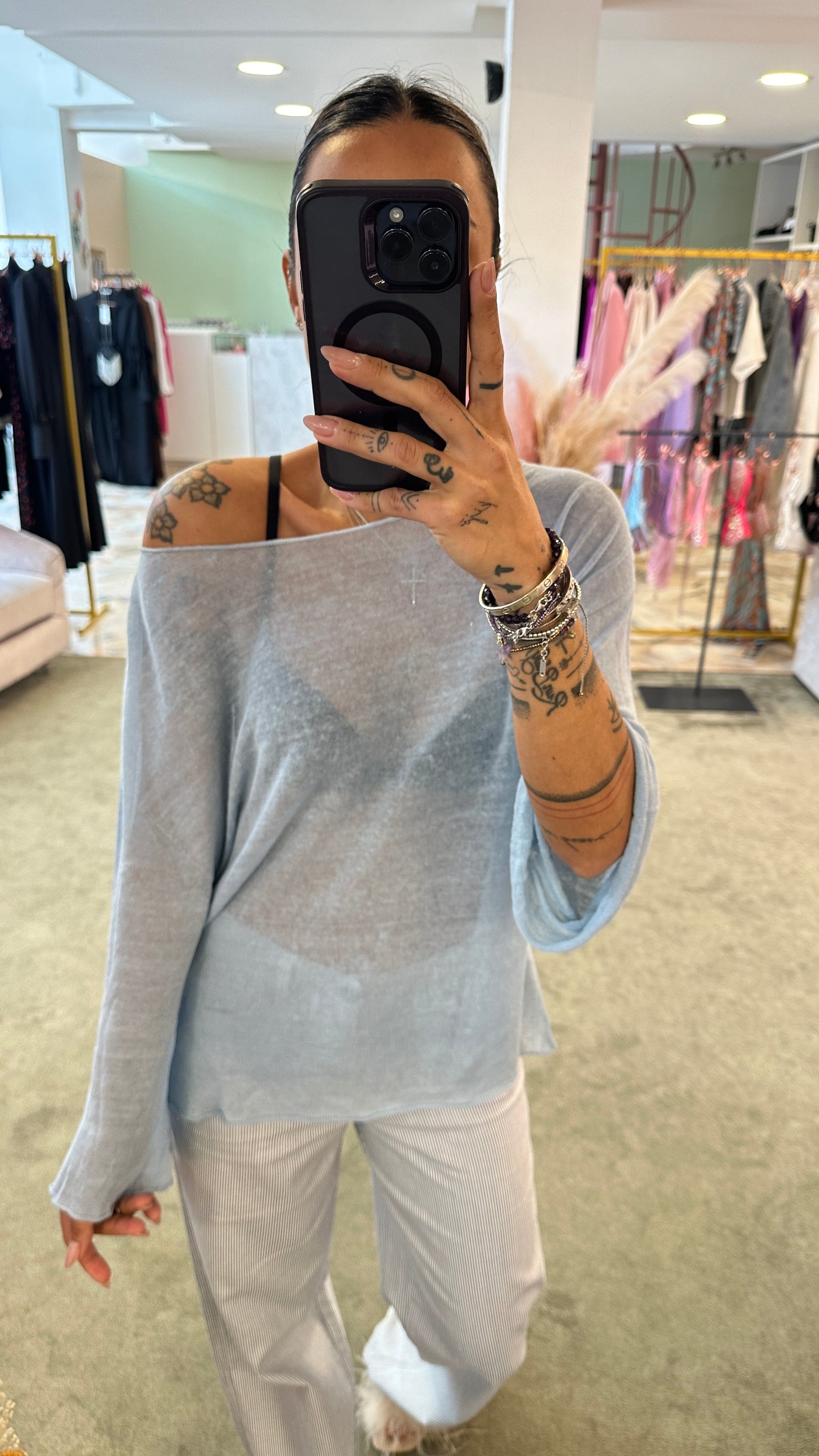 Pantaloni wide leg cinque tasche righe bianchi e azzurro in lino