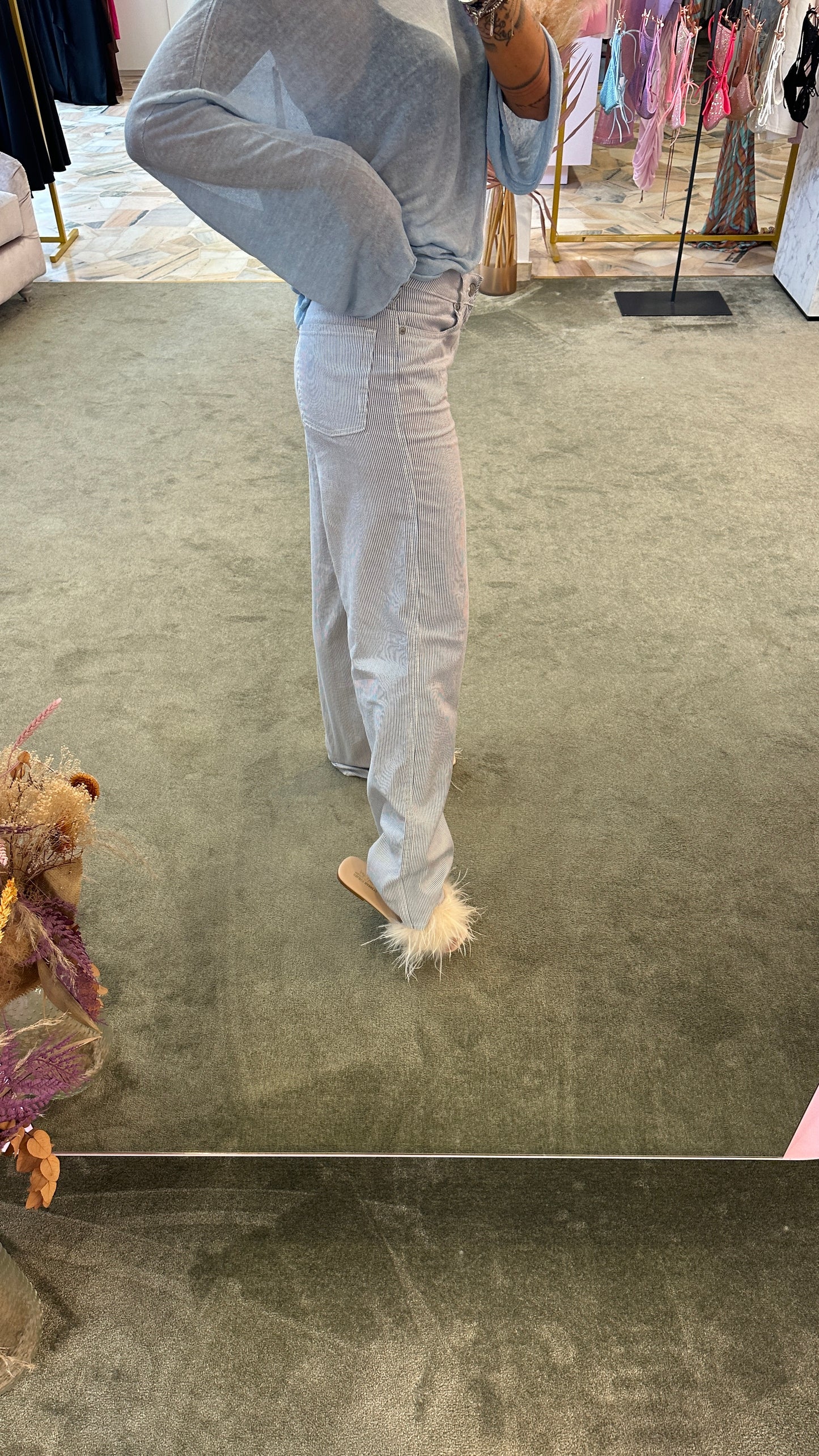 Pantaloni wide leg cinque tasche righe bianchi e azzurro in lino