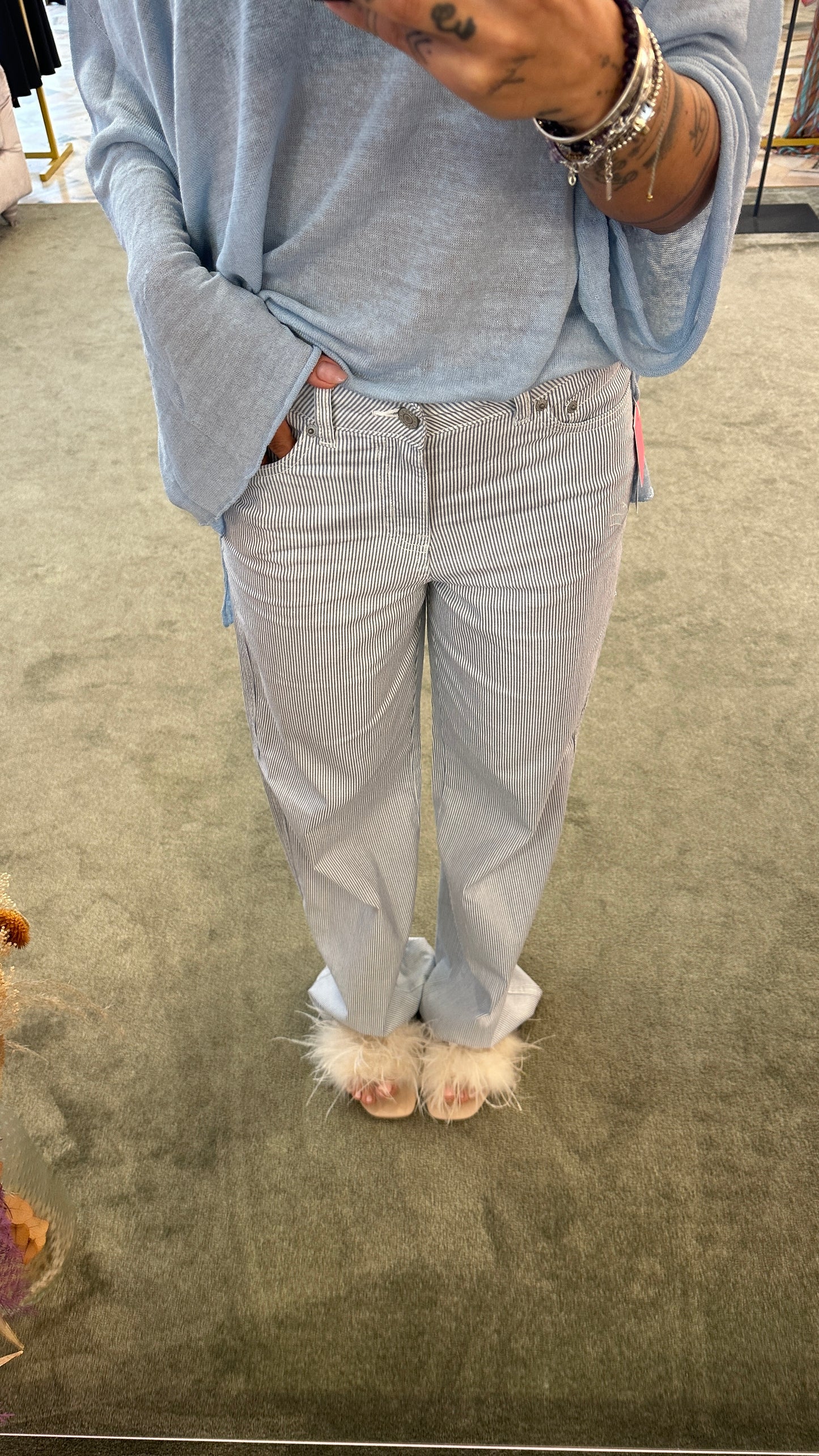 Pantaloni wide leg cinque tasche righe bianchi e azzurro in lino