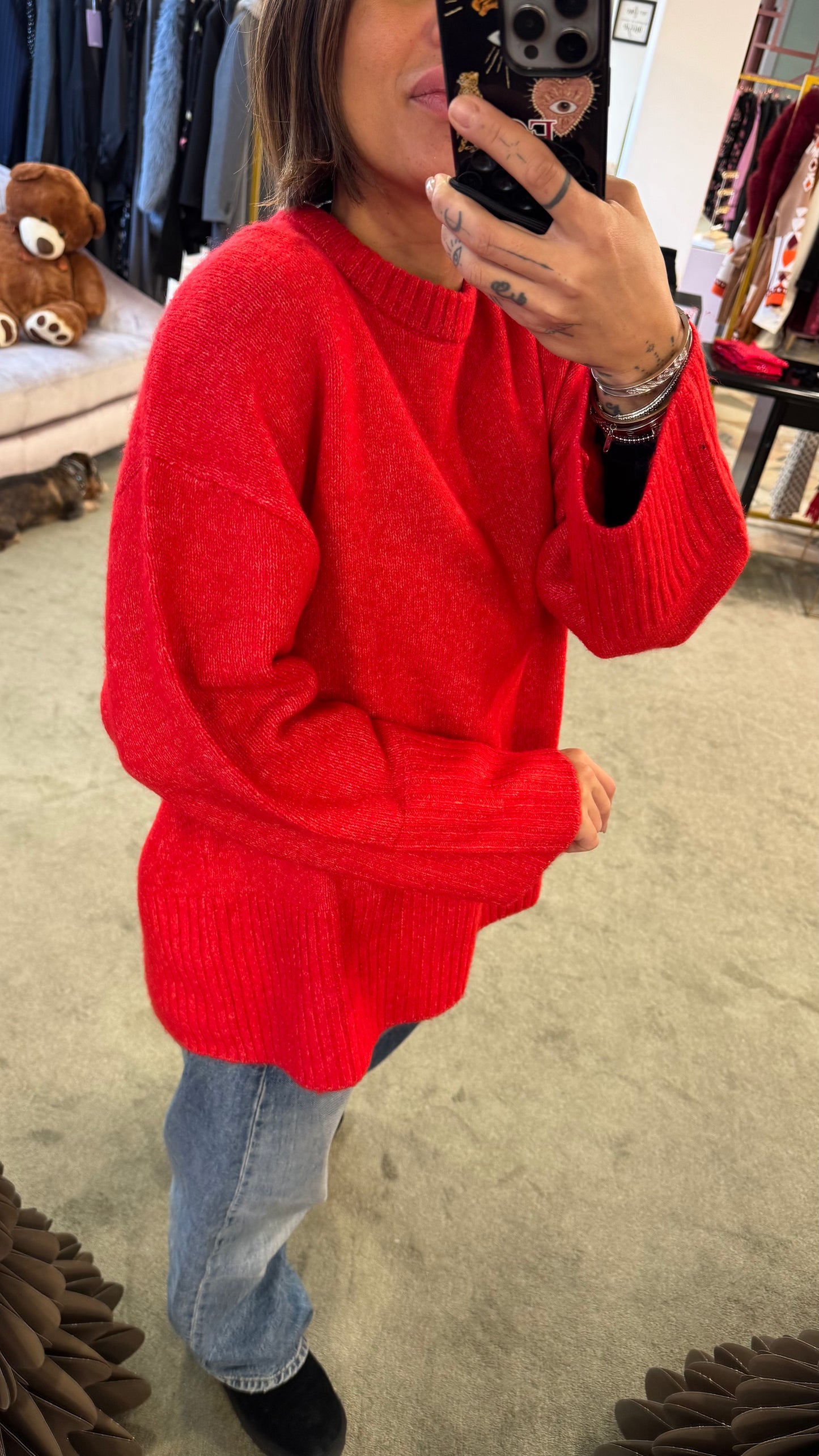 Maglione rosso melange girocollo spacco dietro