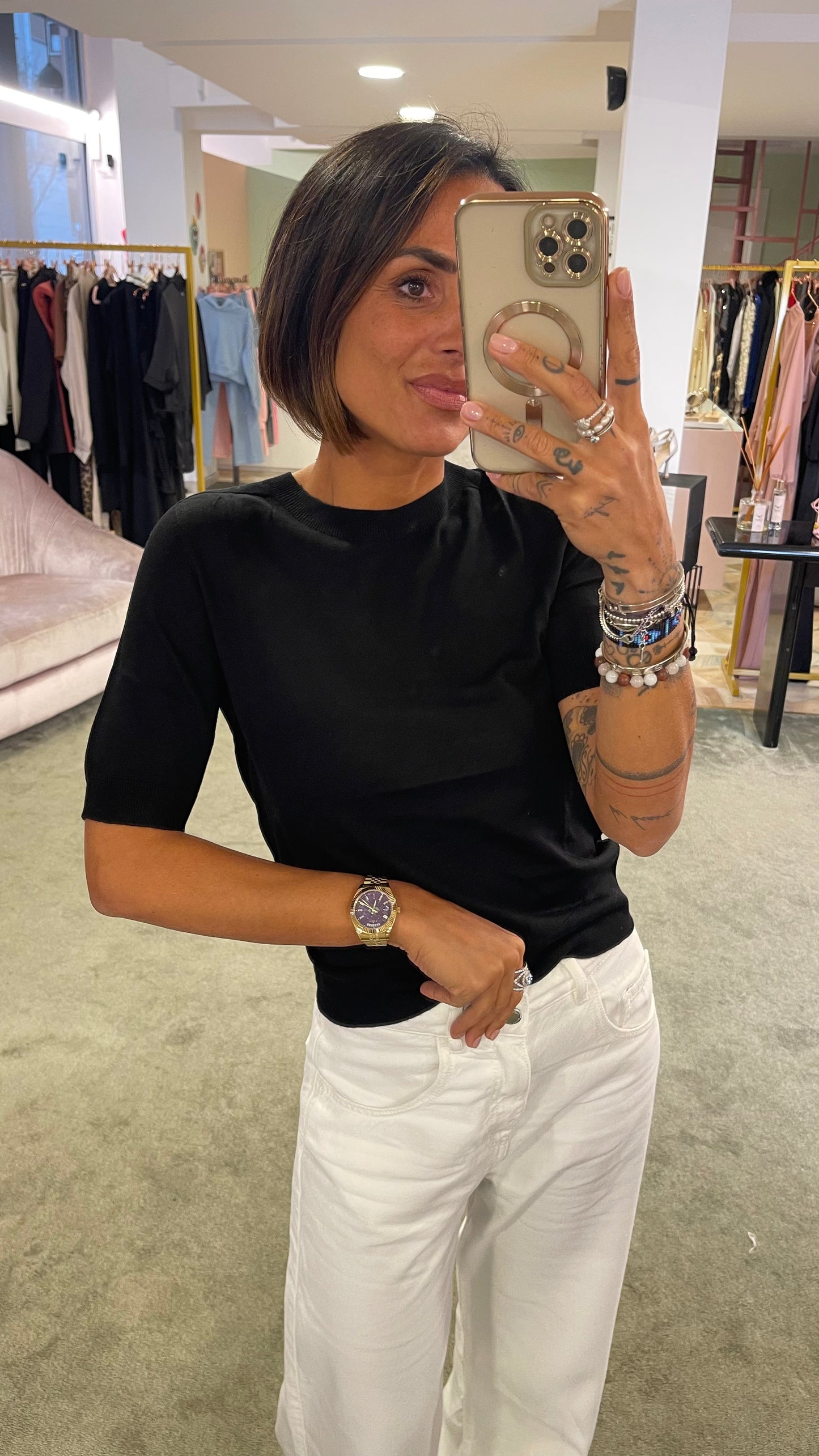 T-shirt dafne nera mezza manica in lana merino pt