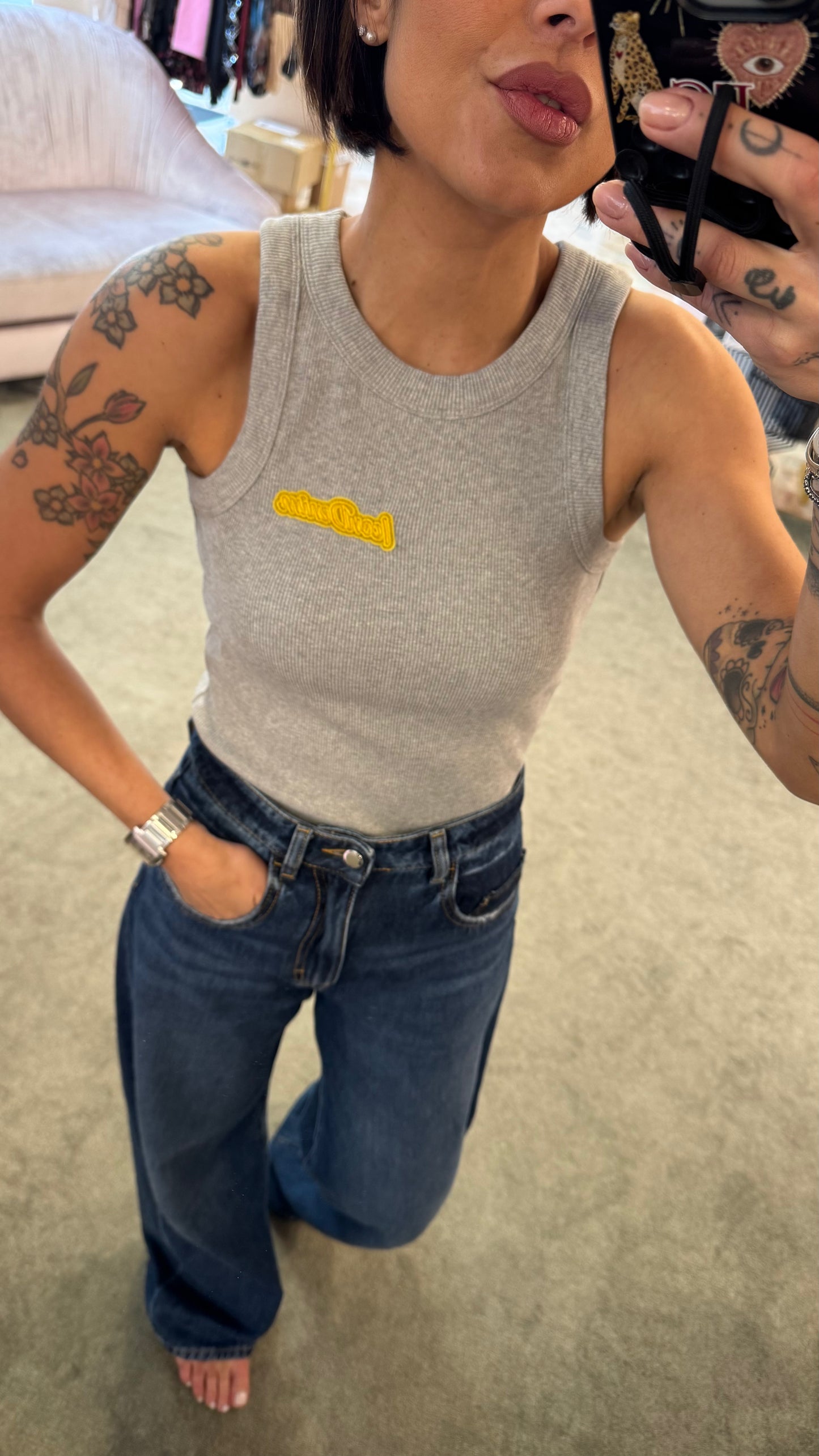 Canotta grigia a costine Icon Denim