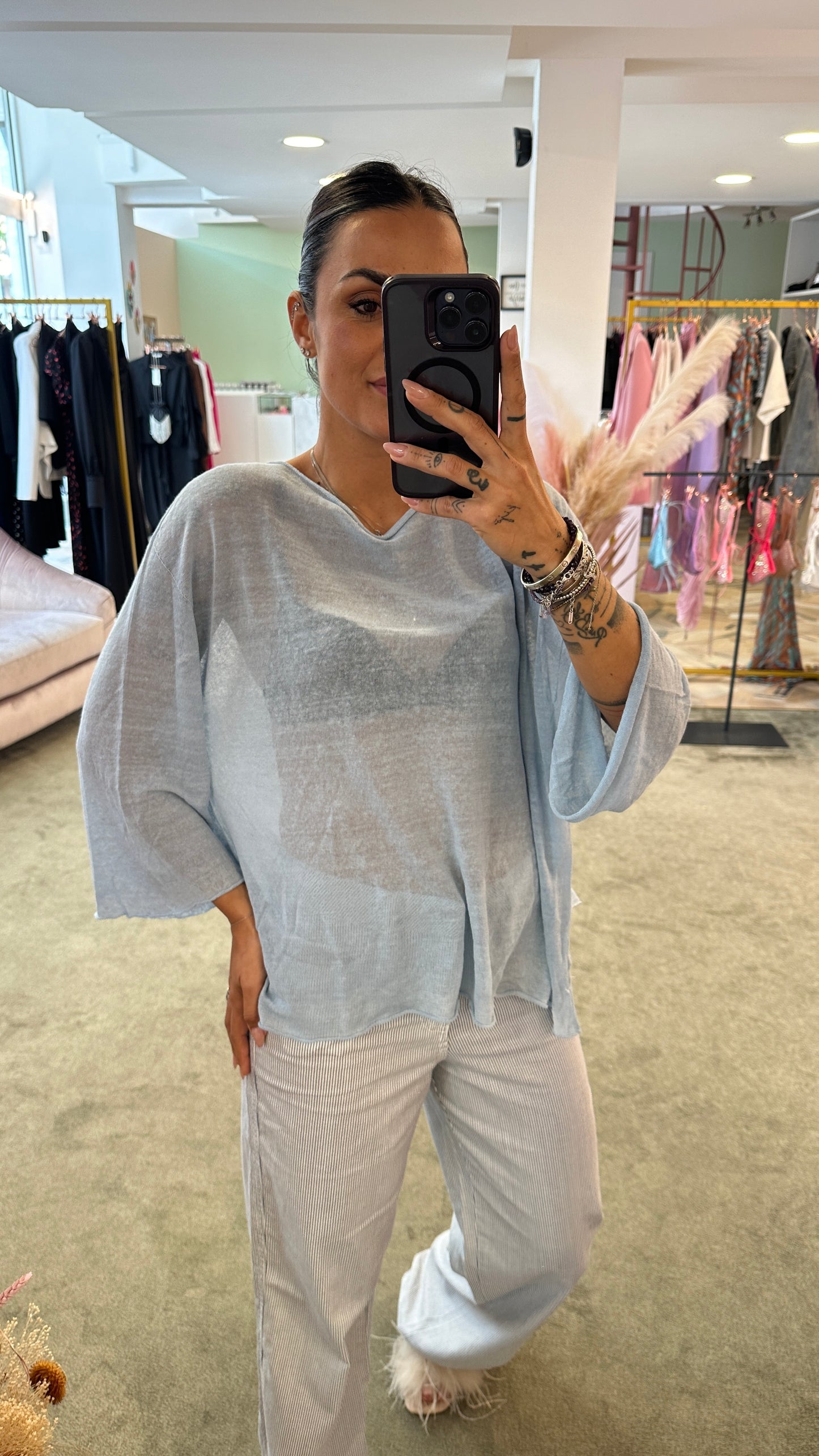 Pantaloni wide leg cinque tasche righe bianchi e azzurro in lino