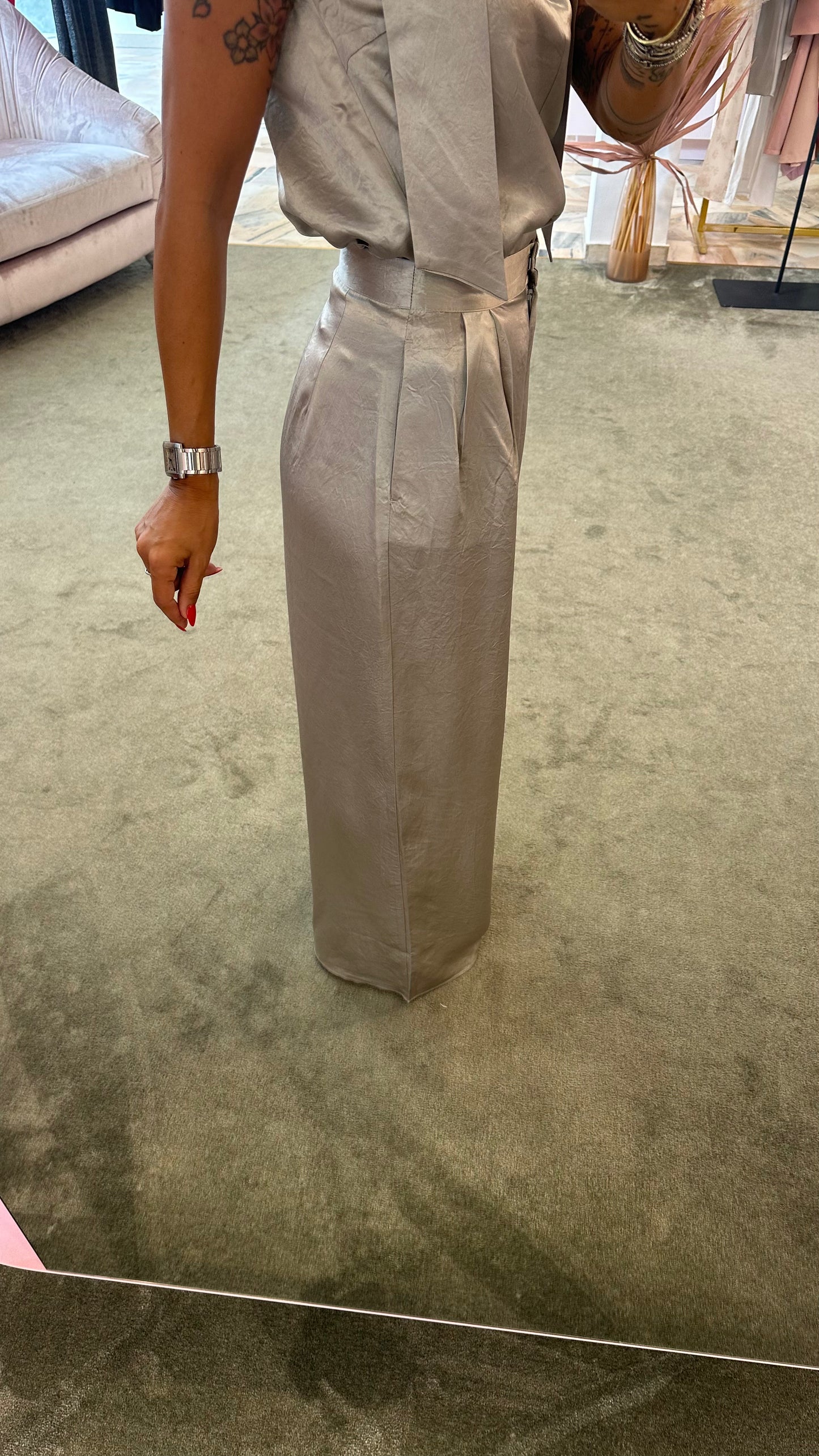 Pantaloni satin argento wide leg