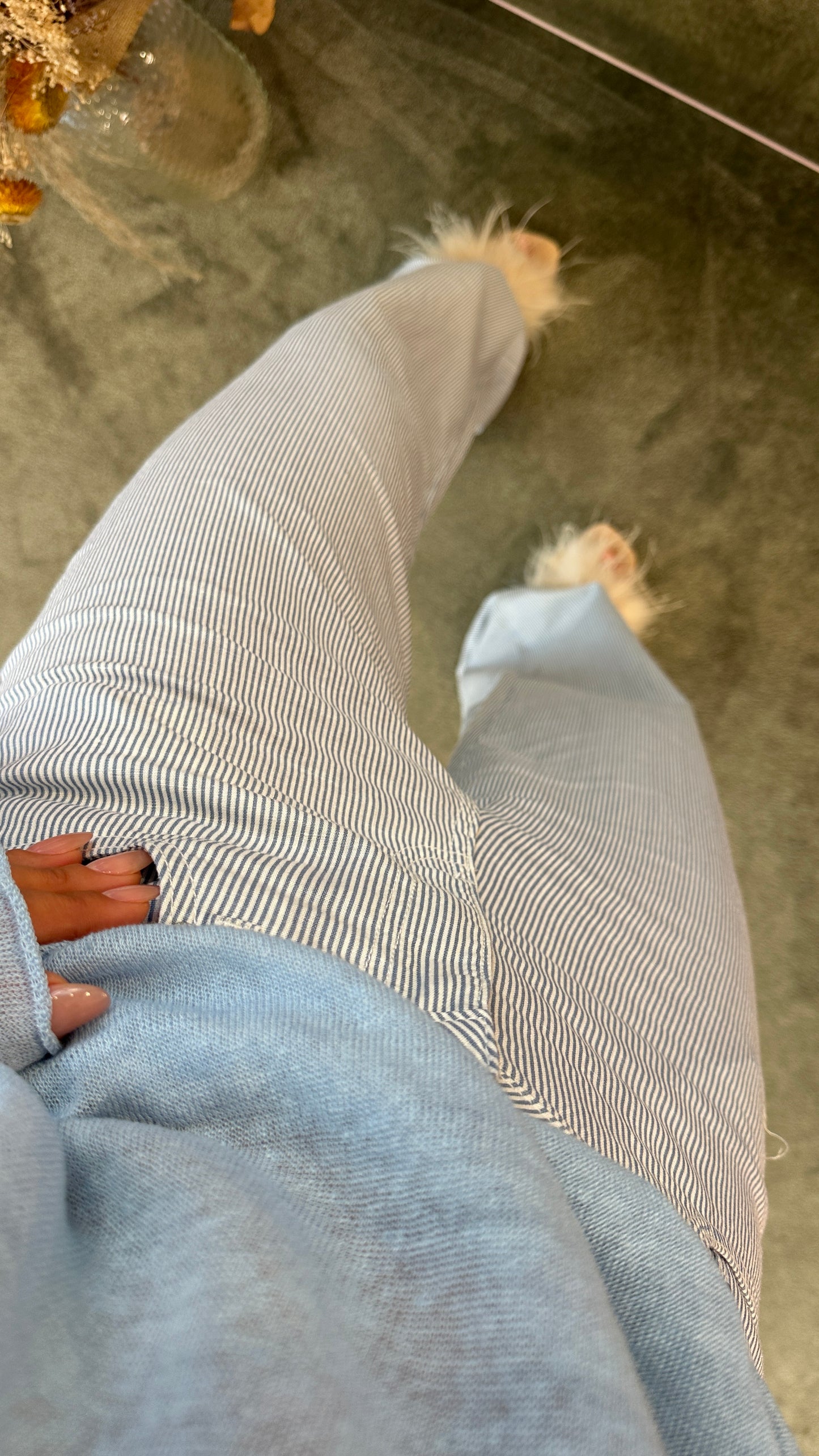 Pantaloni wide leg cinque tasche righe bianchi e azzurro in lino