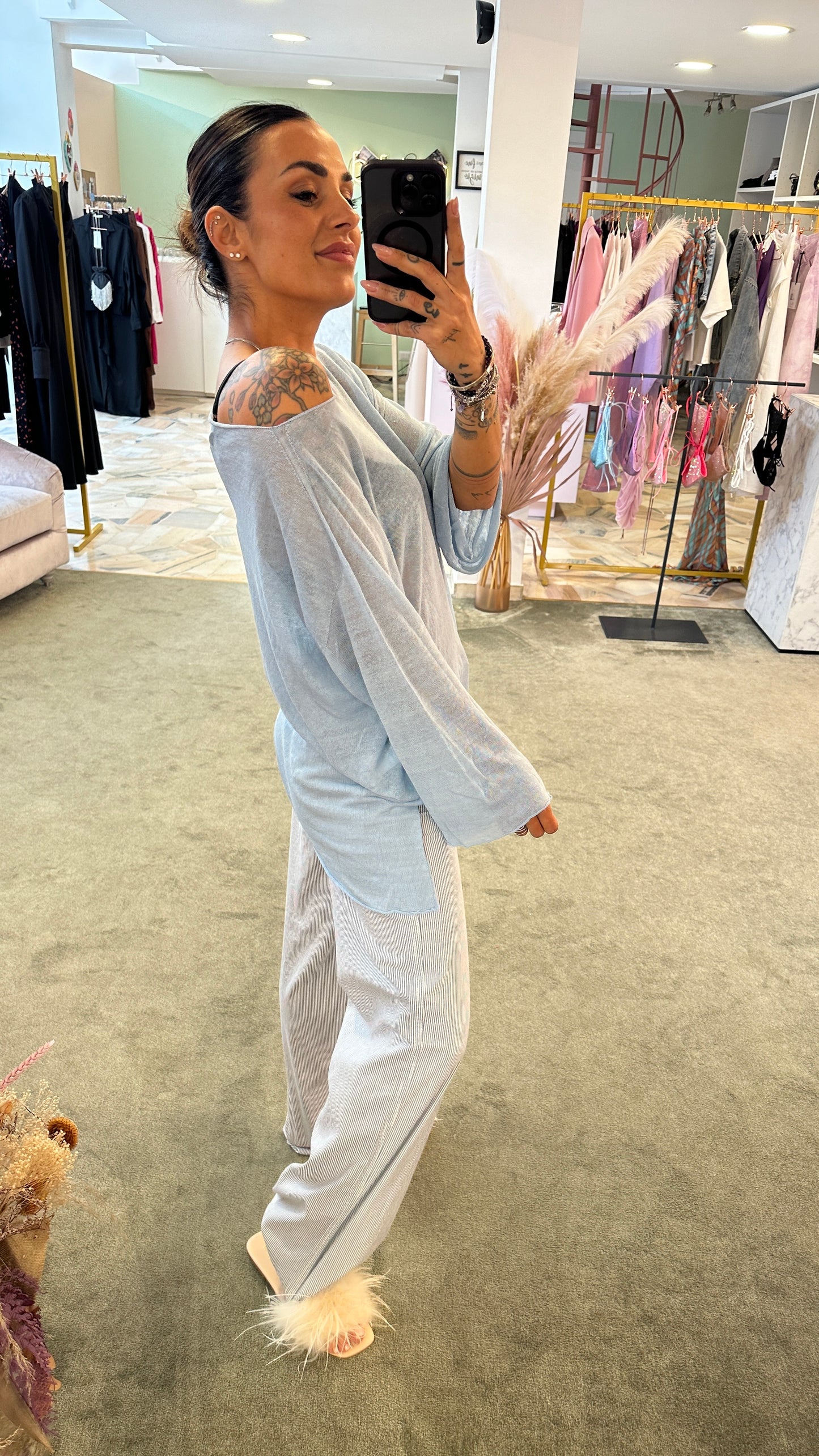 Pantaloni wide leg cinque tasche righe bianchi e azzurro in lino
