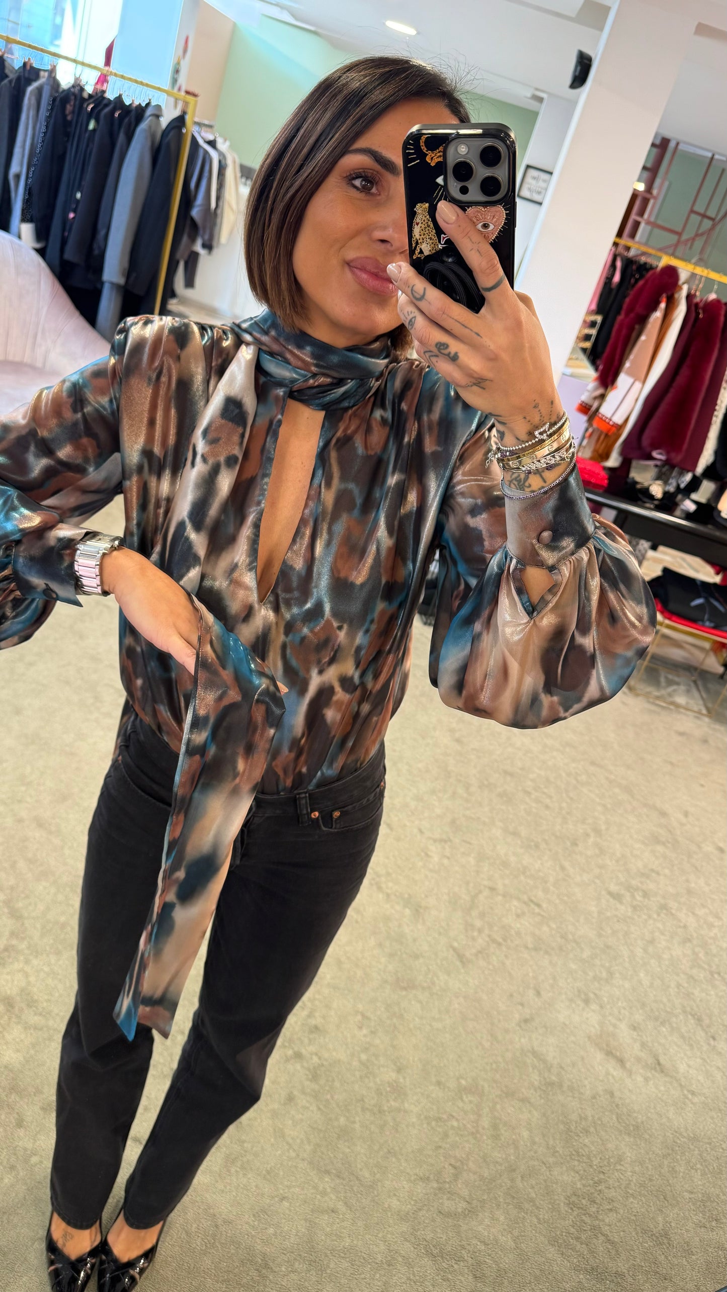 Camicia body con sciarpina fantasia ottanio