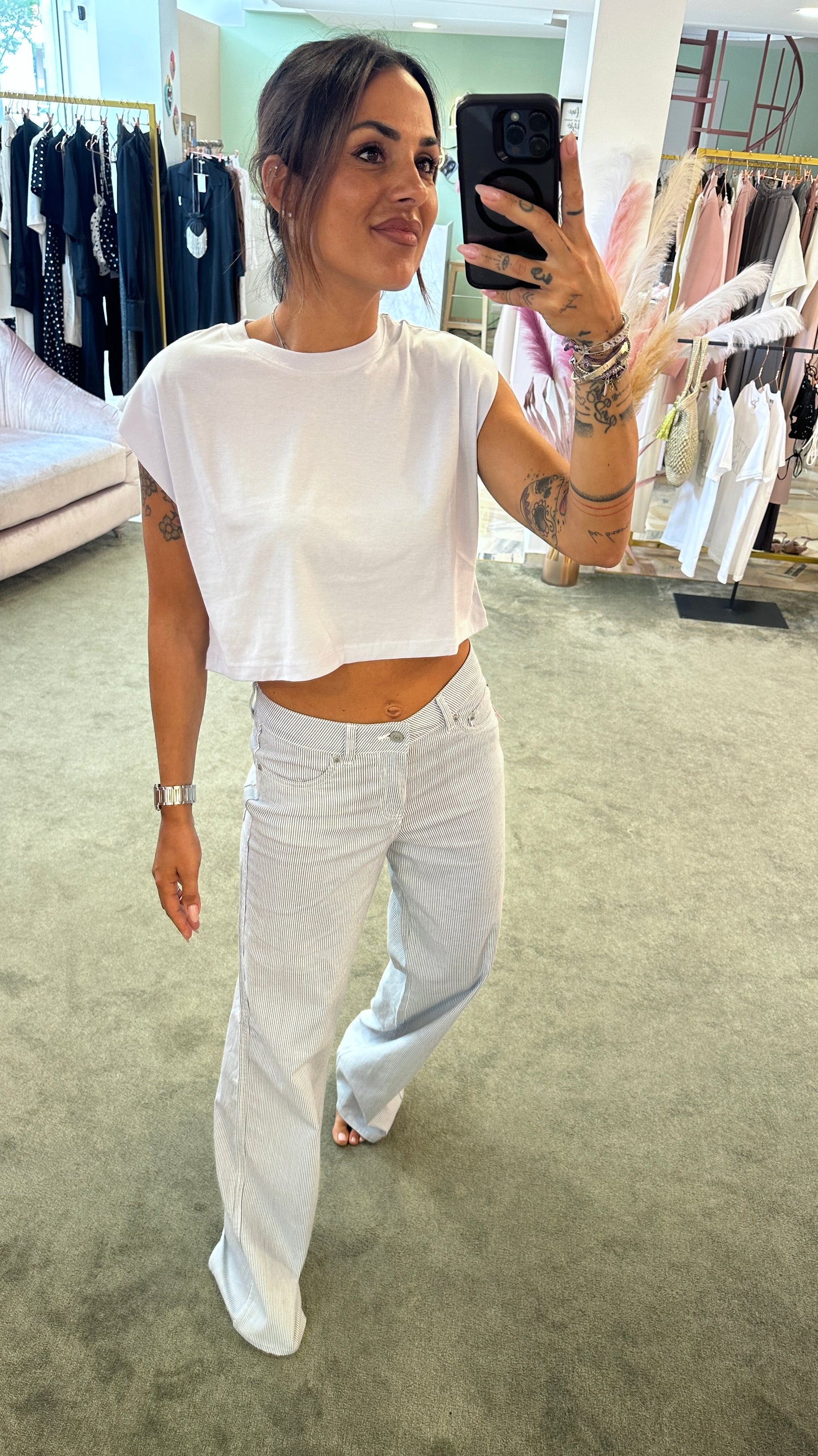 Pantaloni wide leg cinque tasche righe bianchi e azzurro in lino