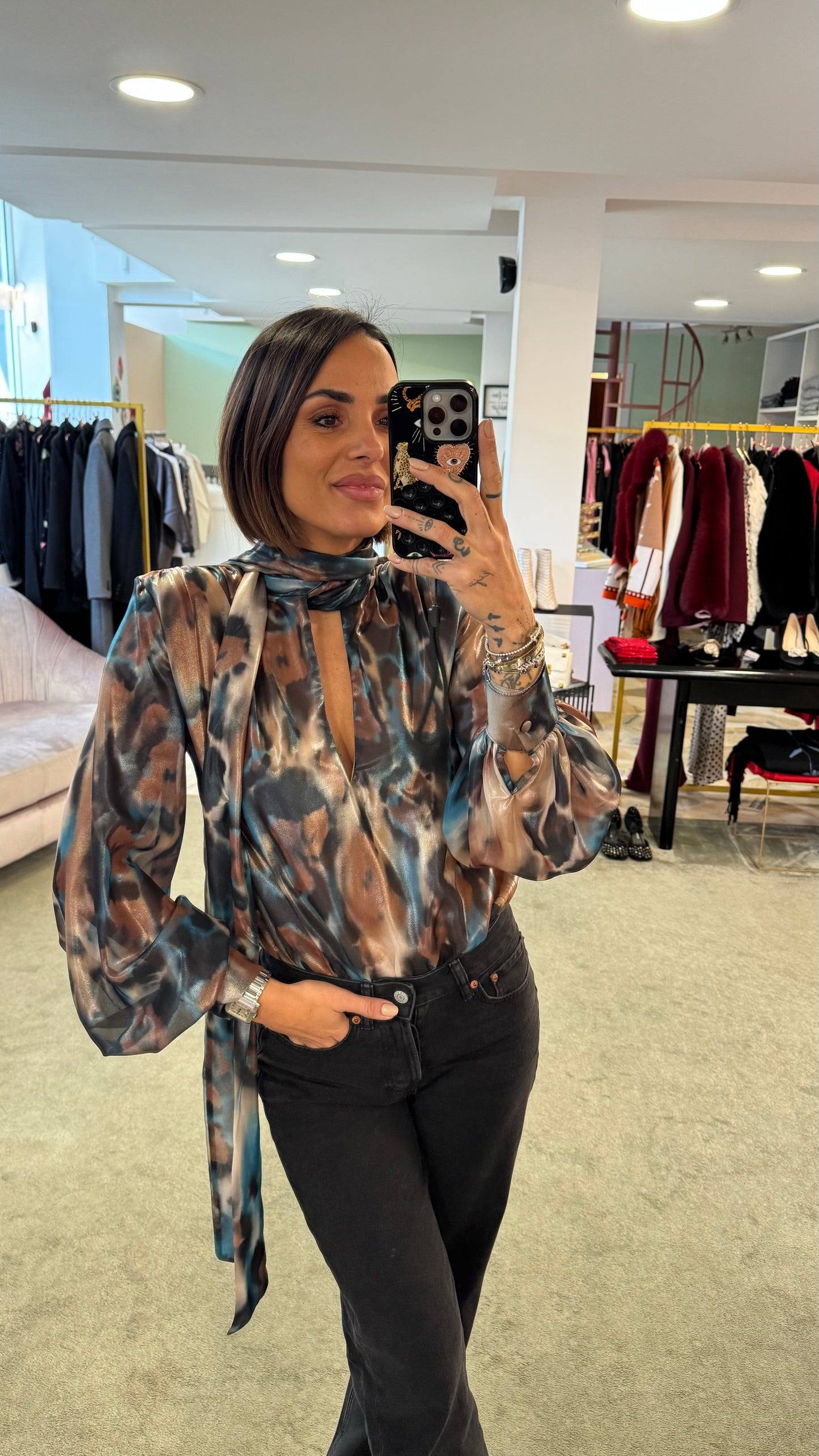 Camicia body con sciarpina fantasia ottanio
