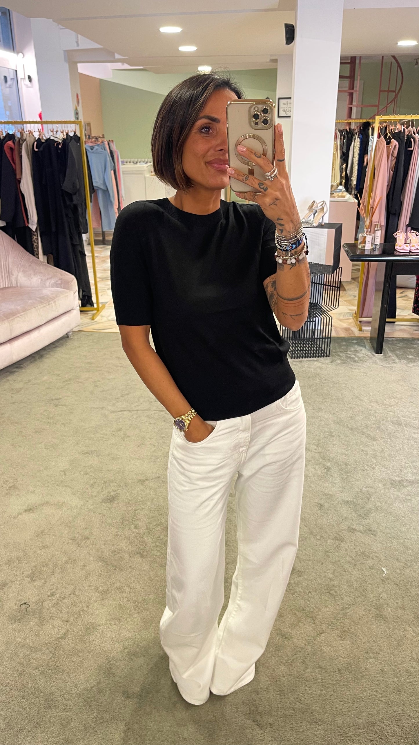 T-shirt dafne nera mezza manica in lana merino pt