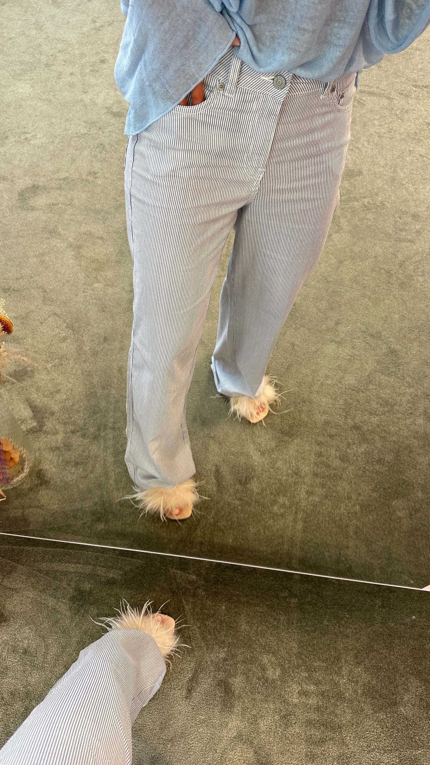 Pantaloni wide leg cinque tasche righe bianchi e azzurro in lino