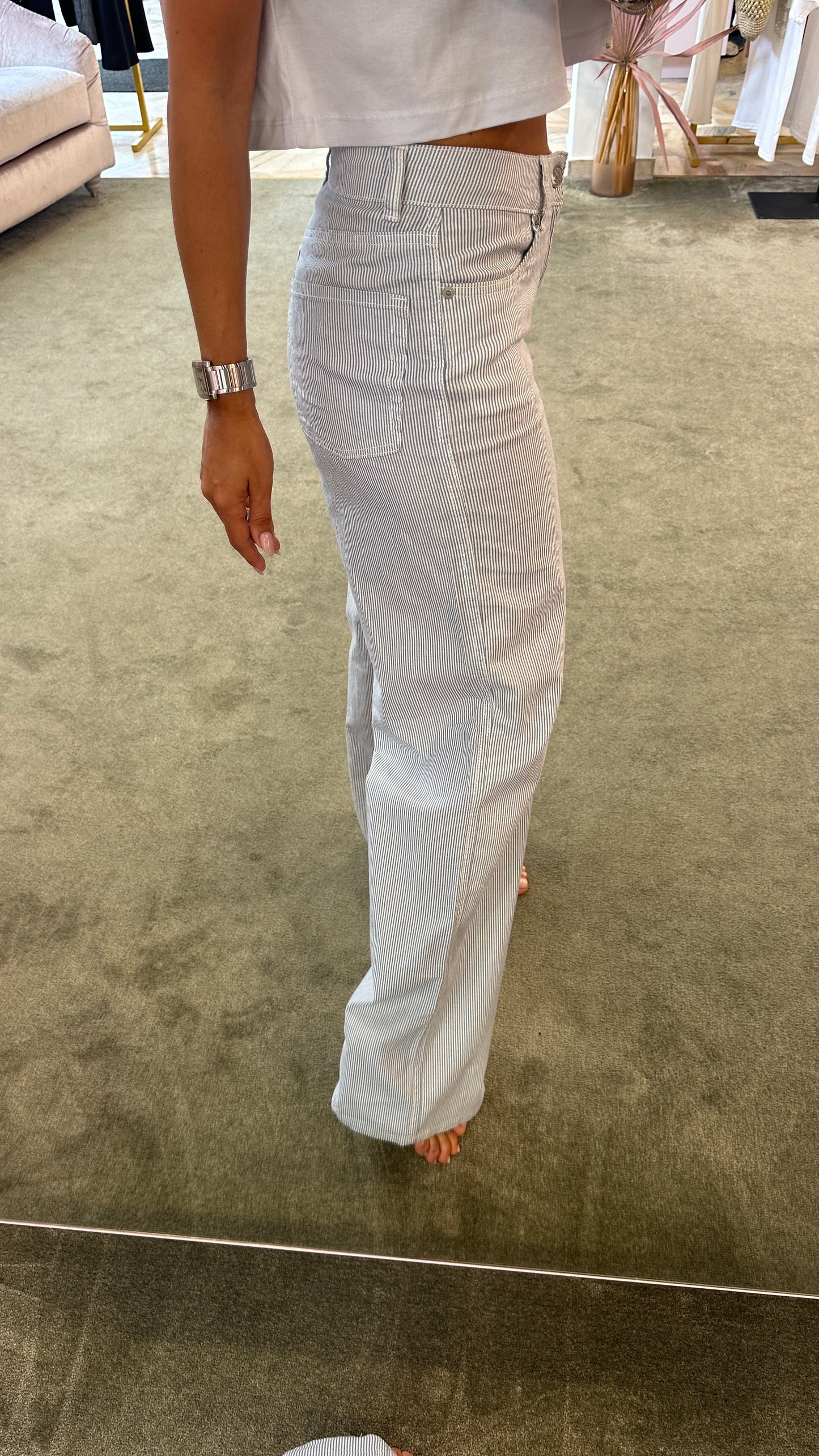 Pantaloni wide leg cinque tasche righe bianchi e azzurro in lino