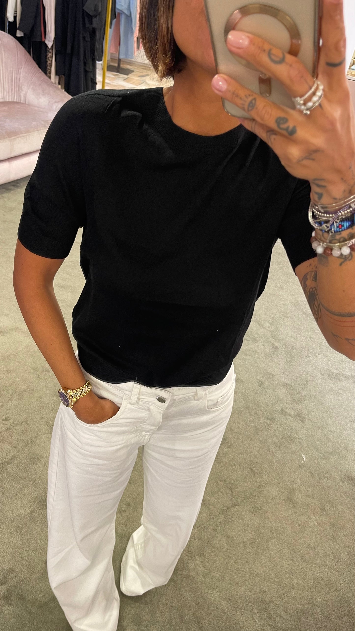 T-shirt dafne nera mezza manica in lana merino pt
