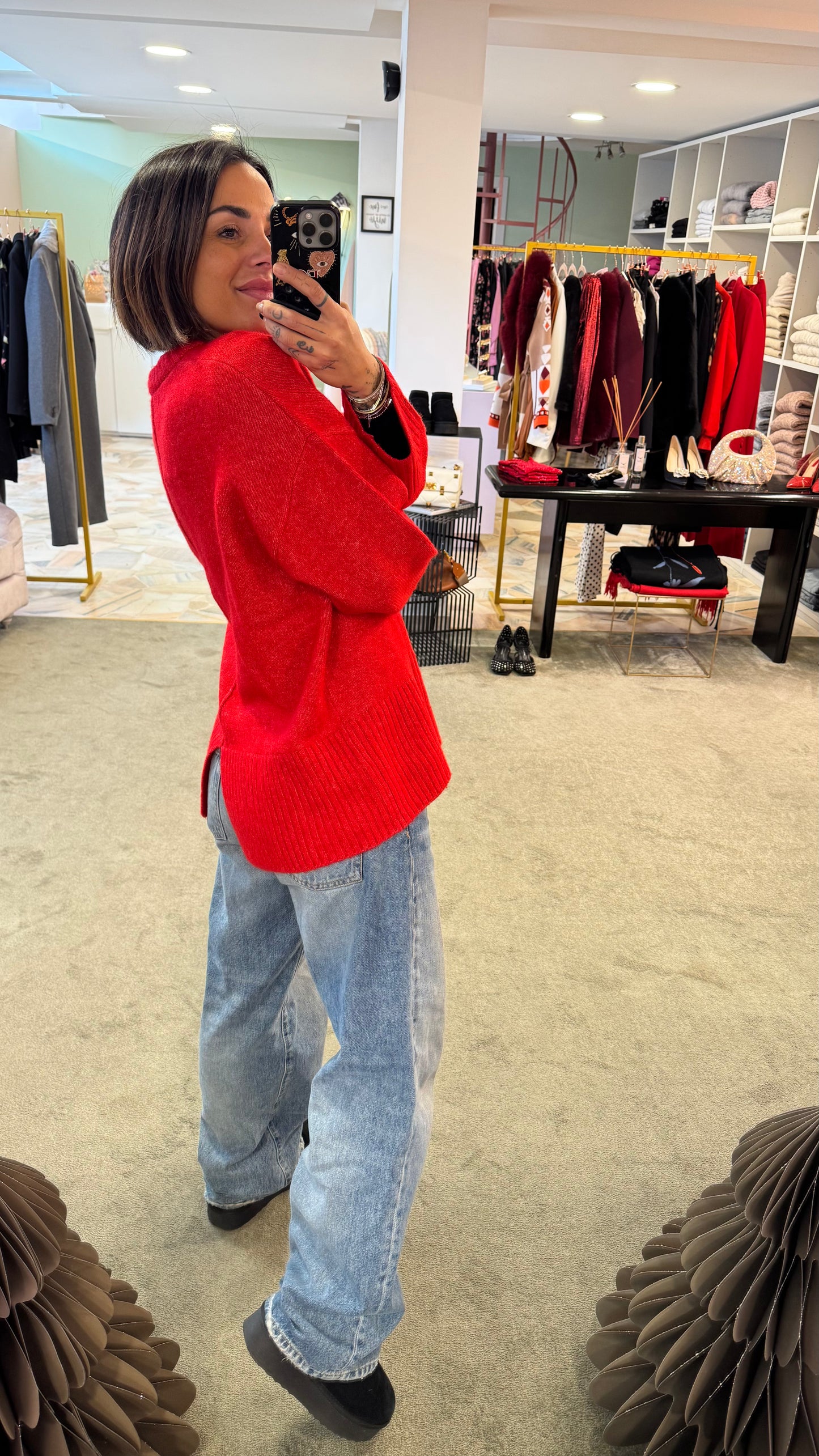Maglione rosso melange girocollo spacco dietro