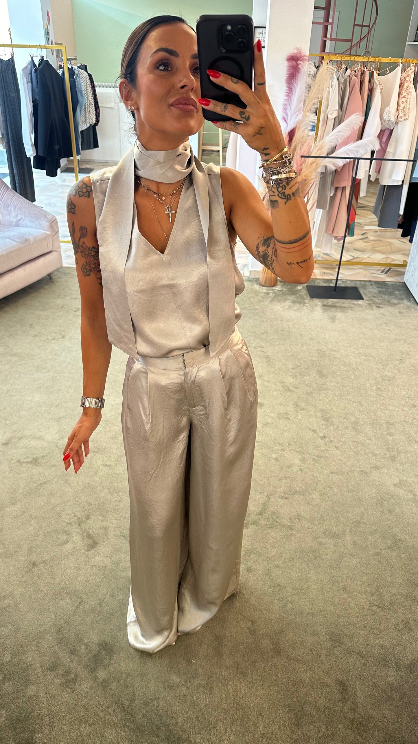 Pantaloni satin argento wide leg