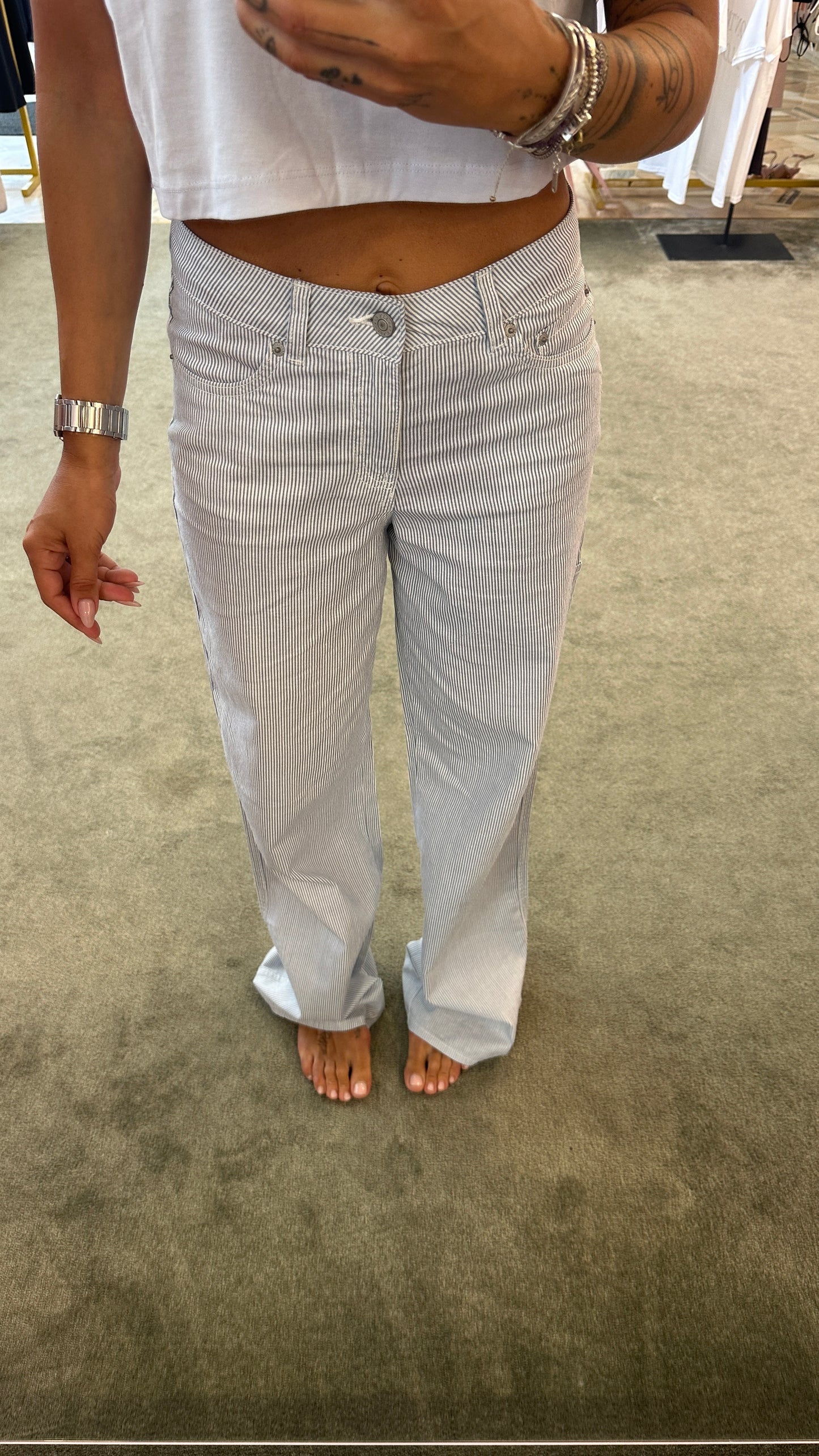 Pantaloni wide leg cinque tasche righe bianchi e azzurro in lino