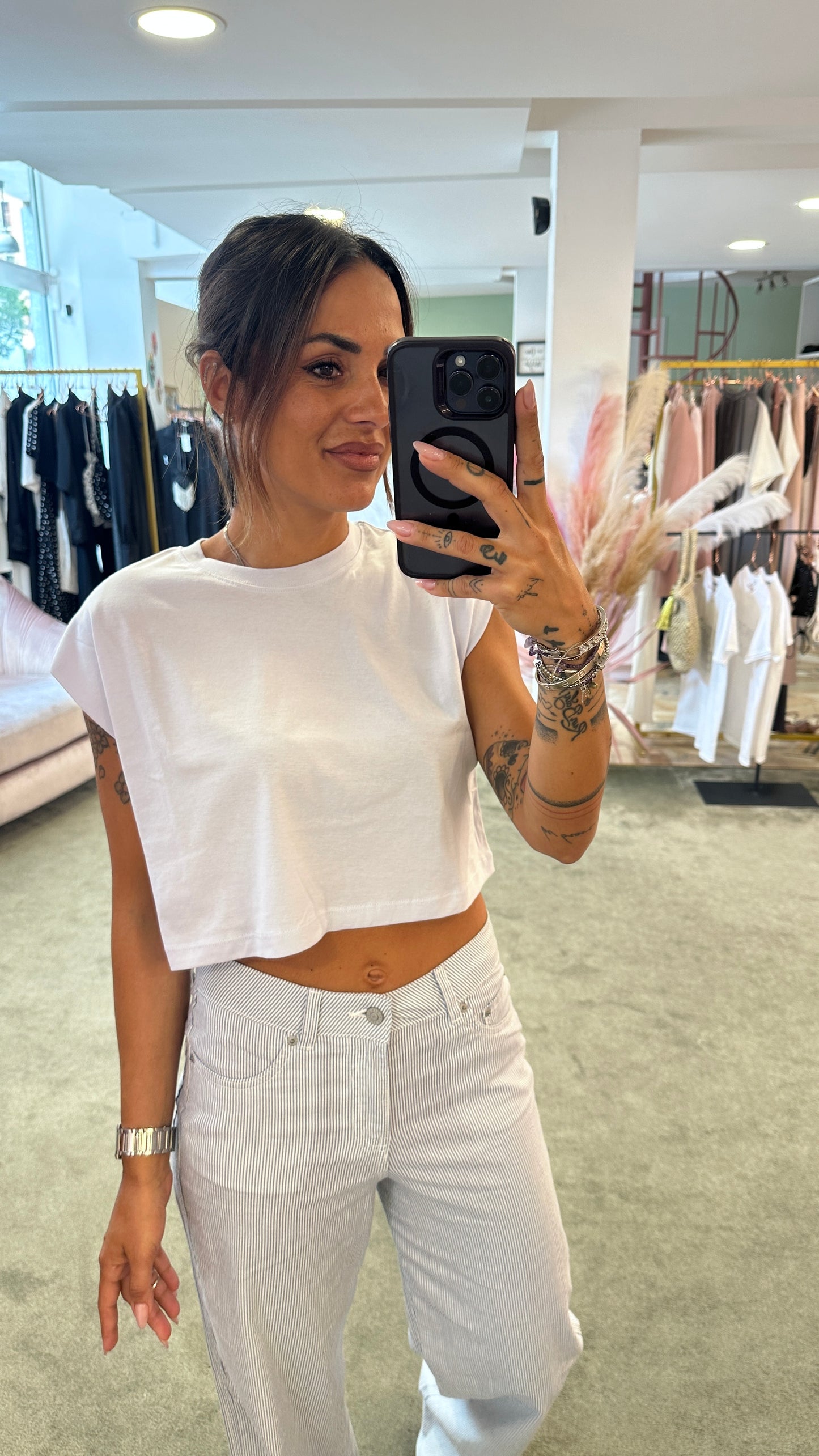 Pantaloni wide leg cinque tasche righe bianchi e azzurro in lino