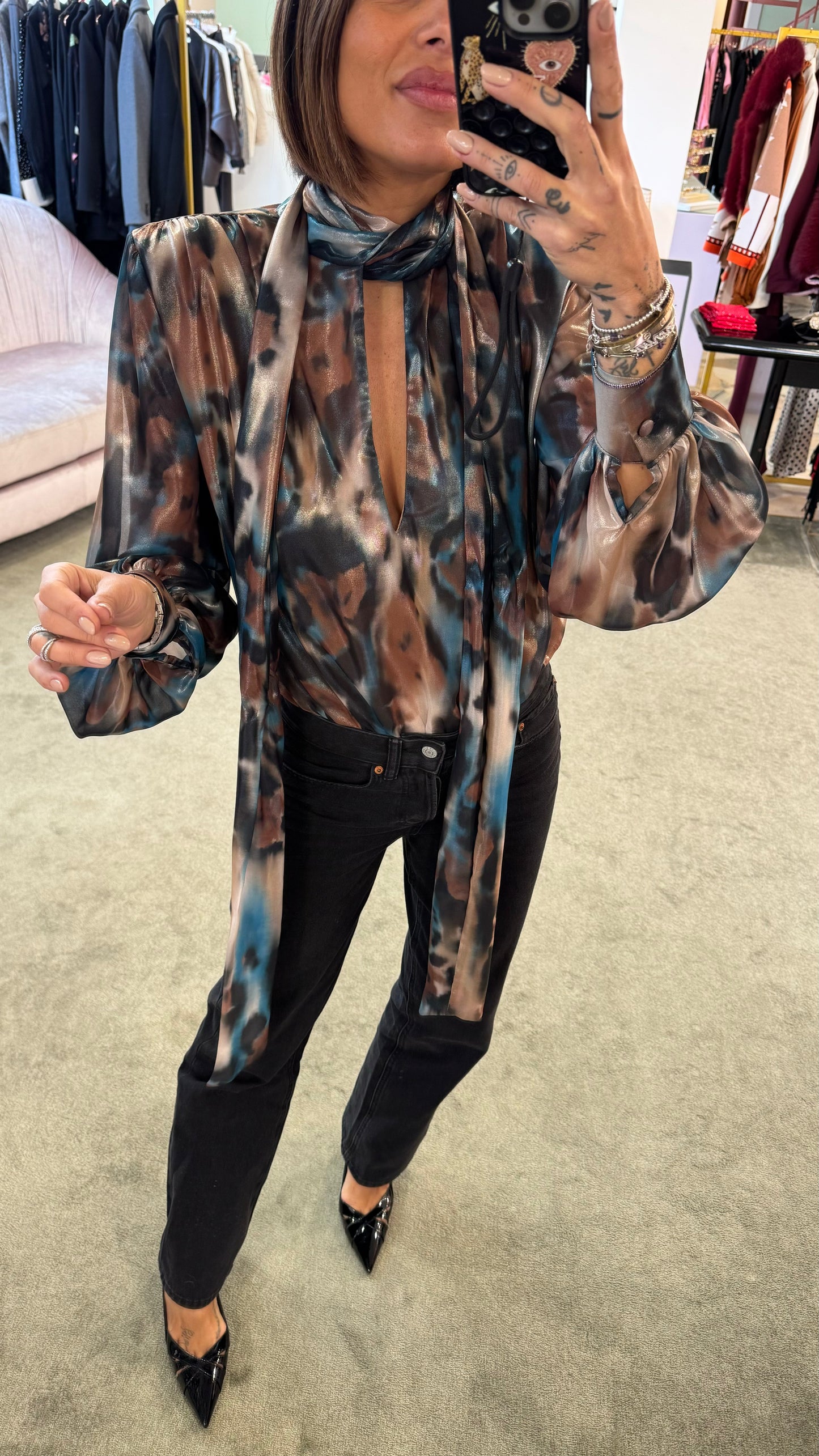 Camicia body con sciarpina fantasia ottanio