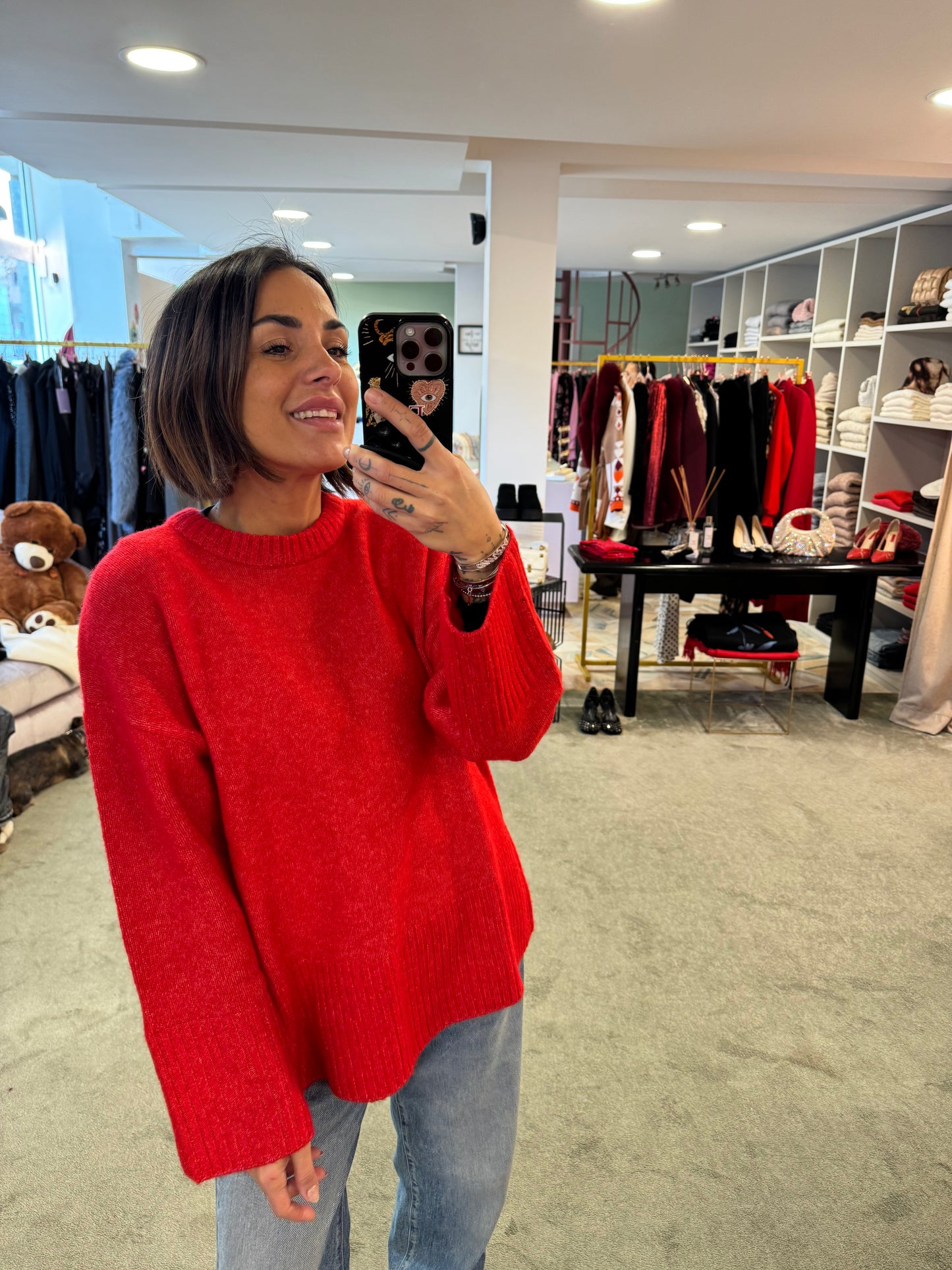 Maglione rosso melange girocollo spacco dietro