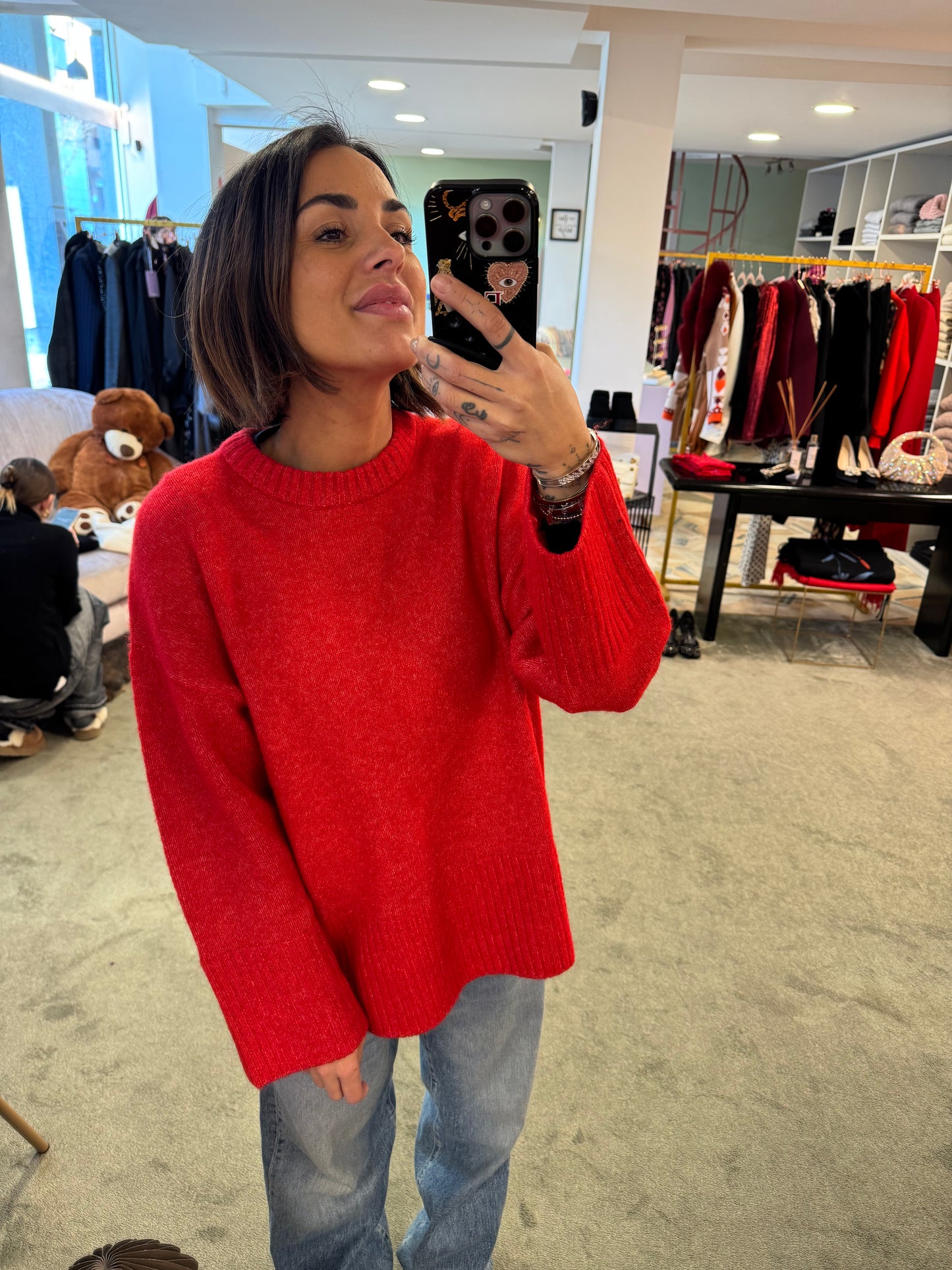 Maglione rosso melange girocollo spacco dietro