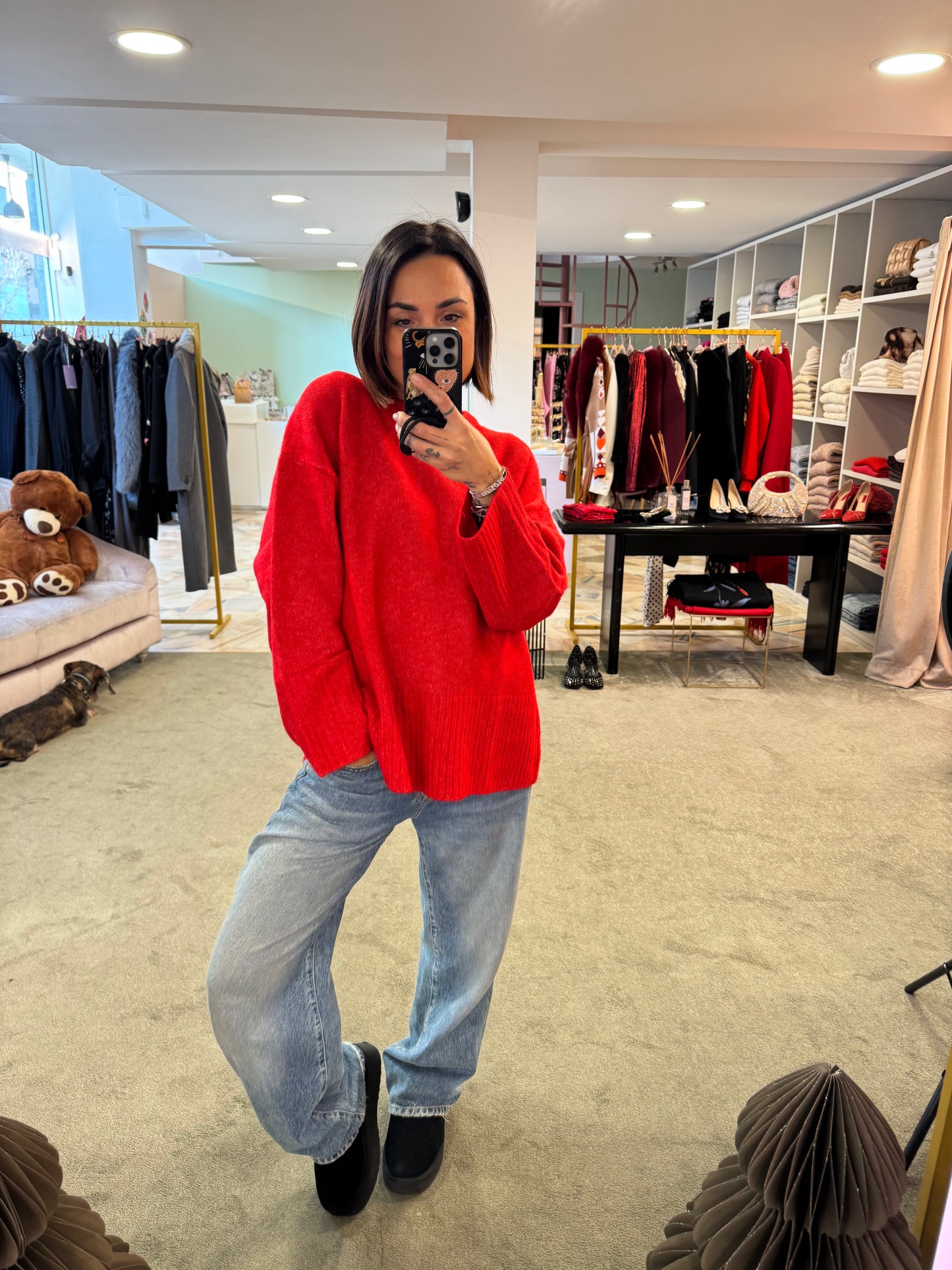 Maglione rosso melange girocollo spacco dietro