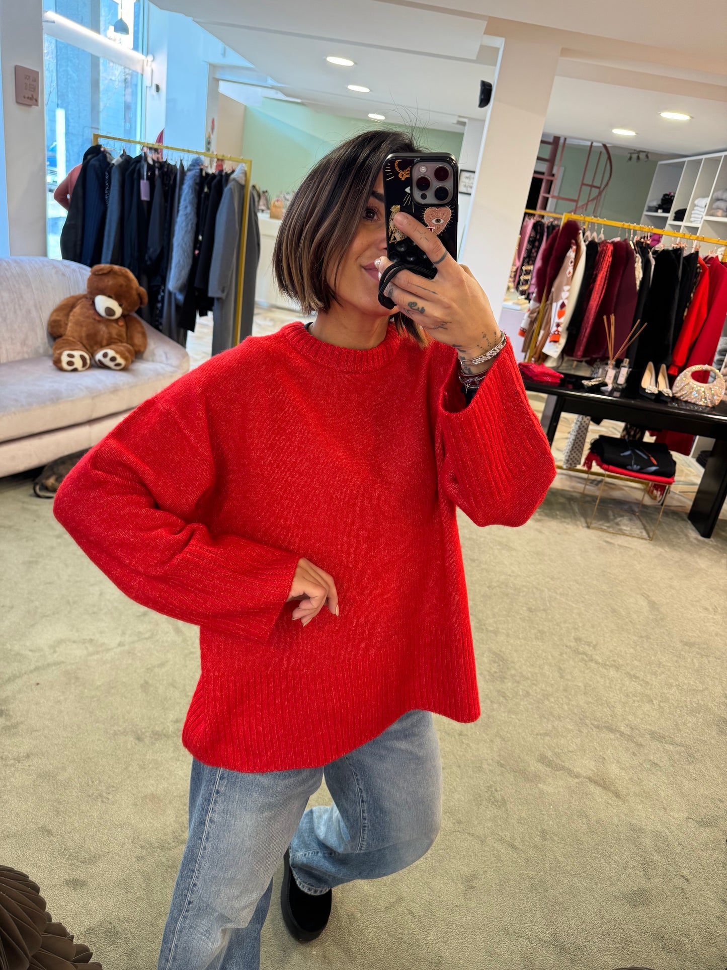 Maglione rosso melange girocollo spacco dietro