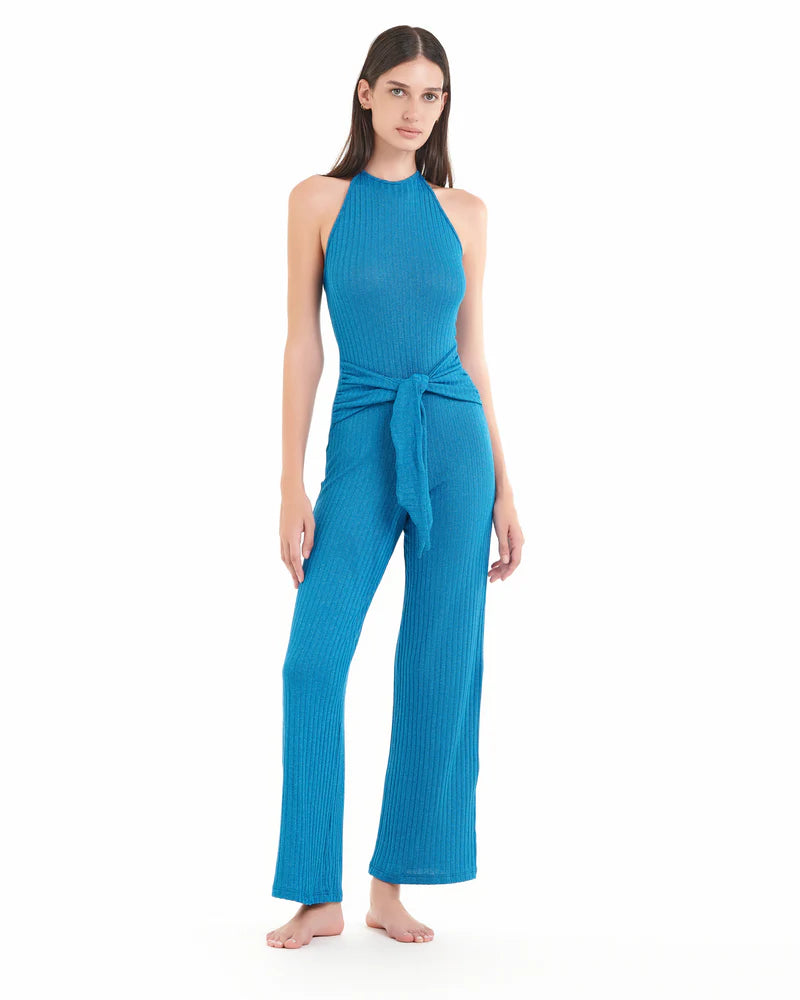 Jumpsuit turchese in maglia a costine Cotazur