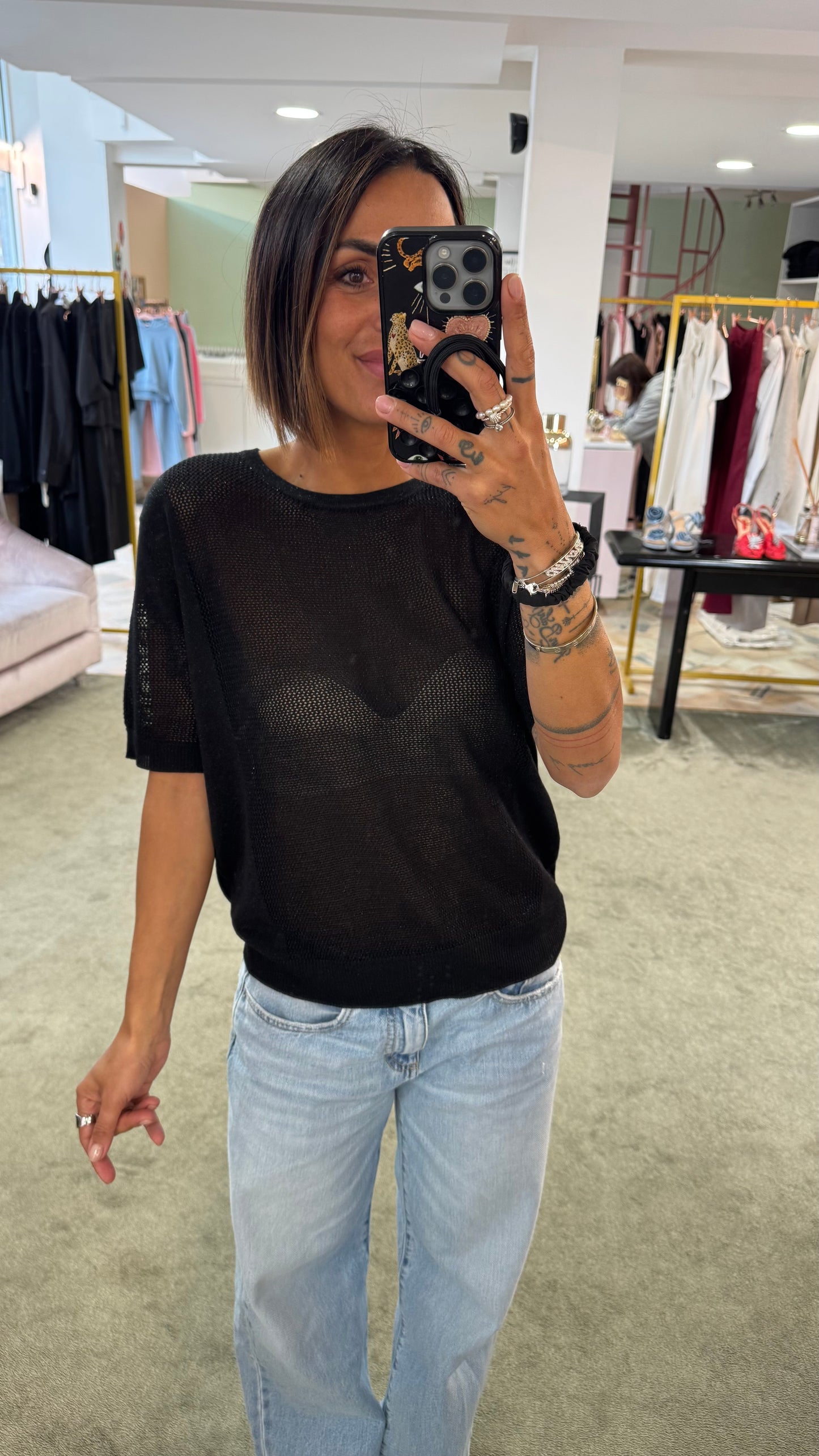 Maglia nera sottoggiacca manica corta in lamè fr