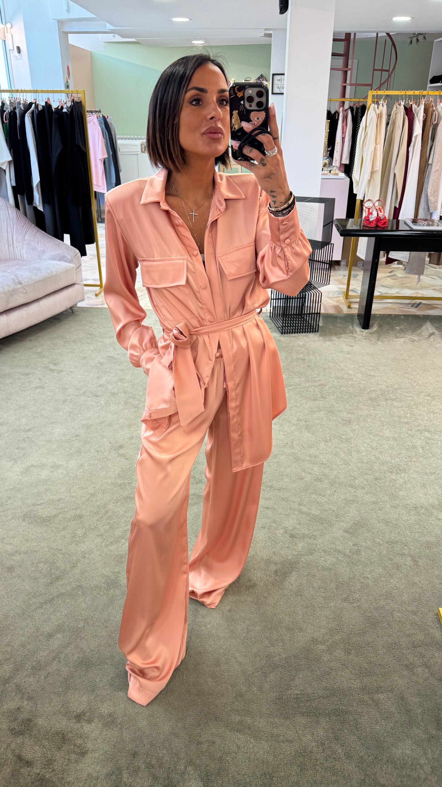 Maxi blusa rosa pesca con cintura in satin ks