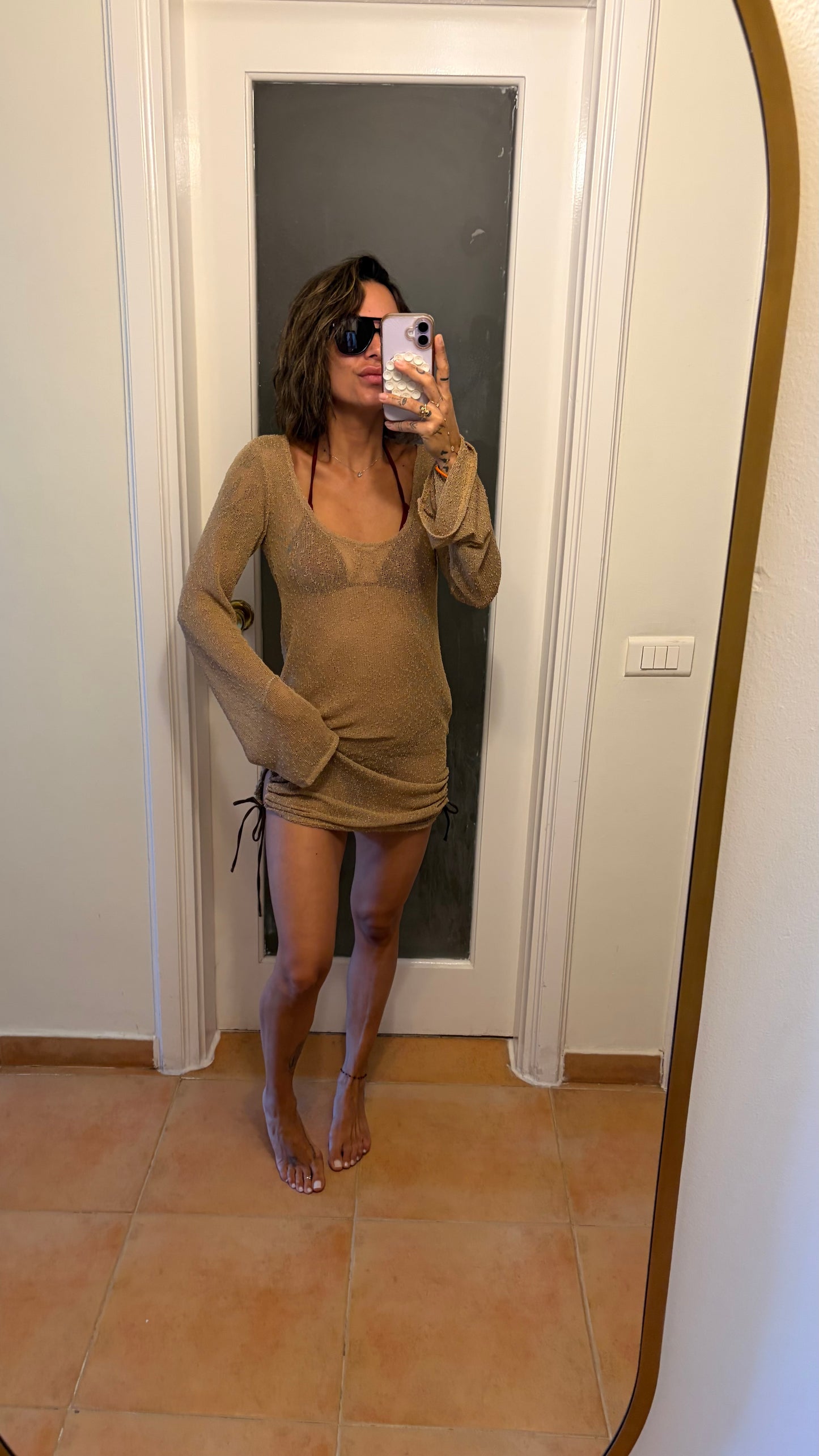 Abito corto beige in maglia trasparente Me Fui
