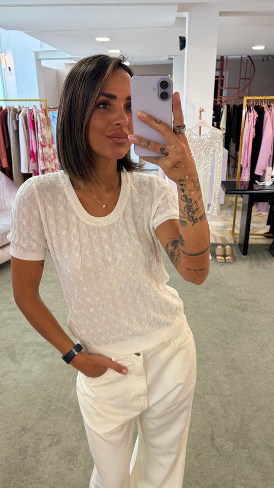 Maglia bianca manica corta a trecce crystal fr