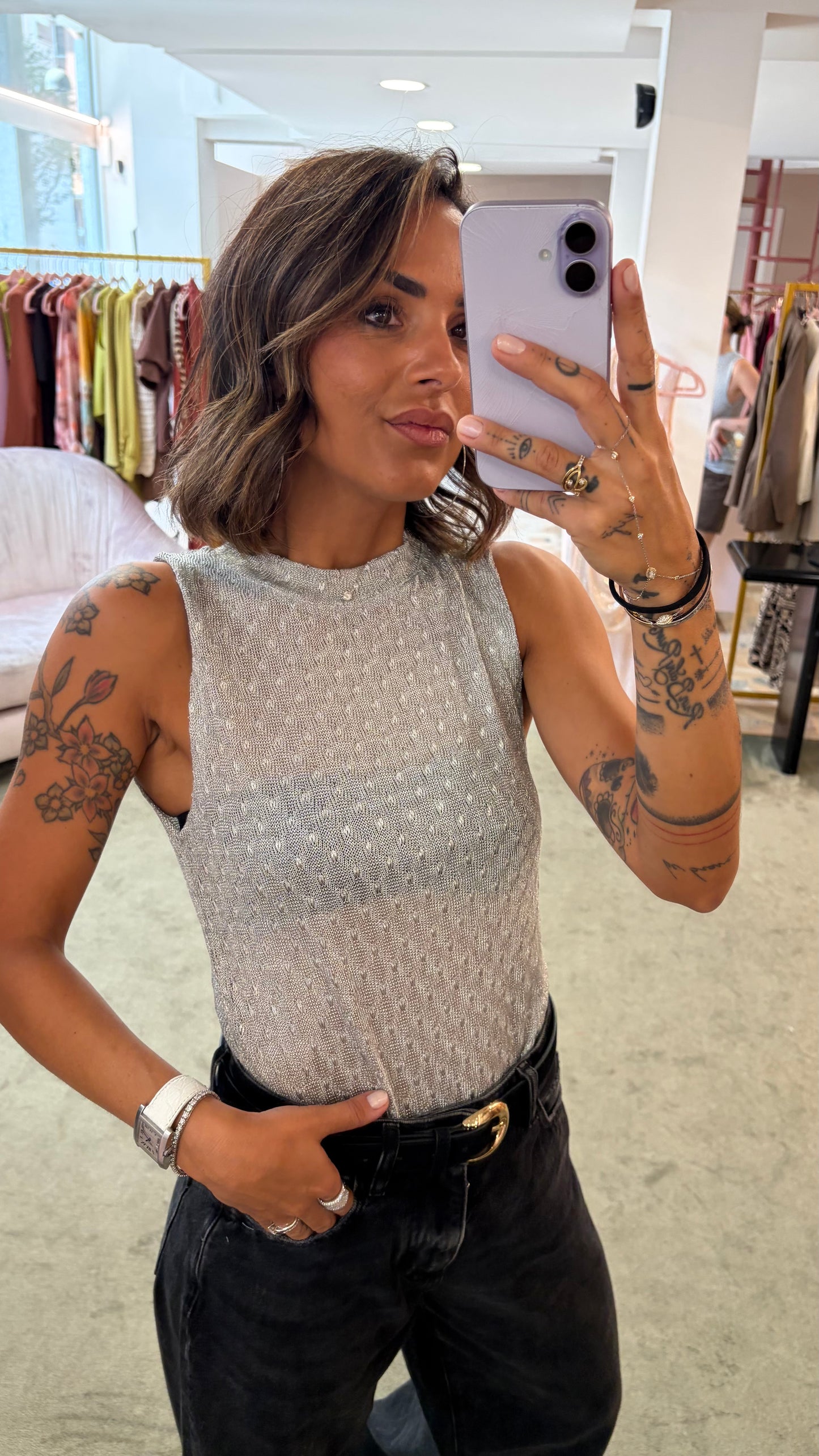 Canotta girocollo argento in lurex ay