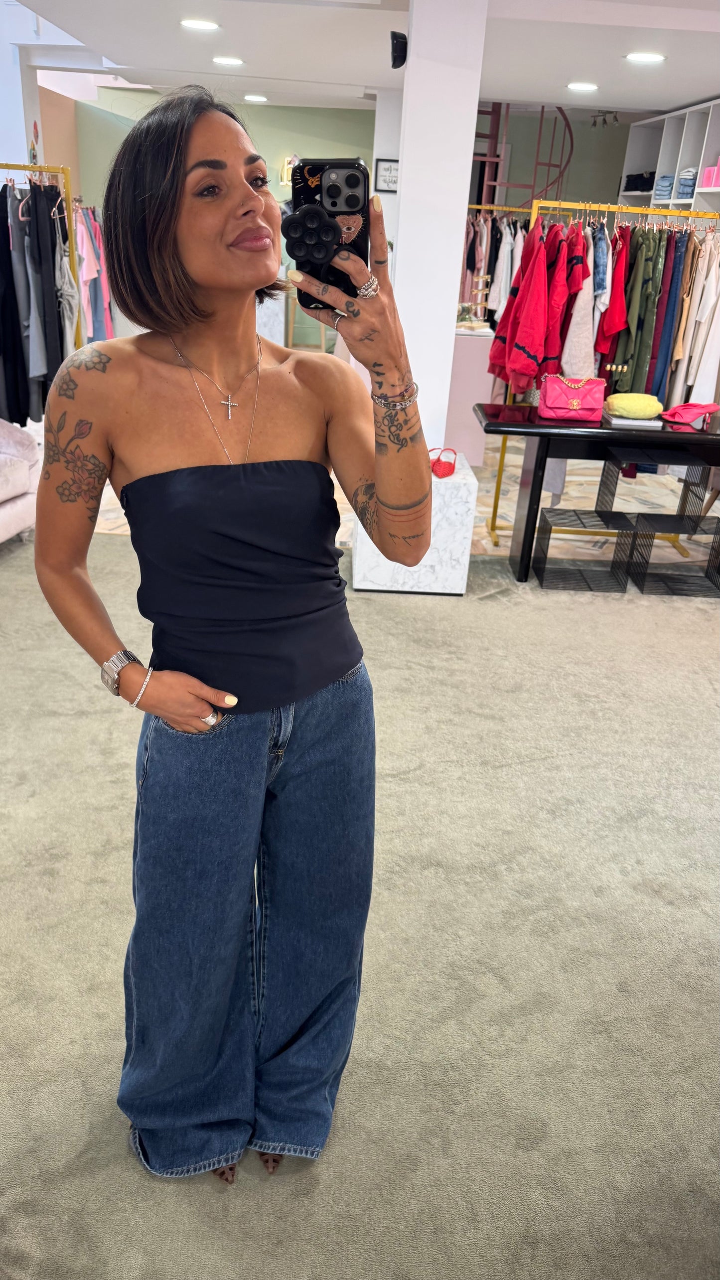 Top fascia blu notte con arricciatura tessuto classico